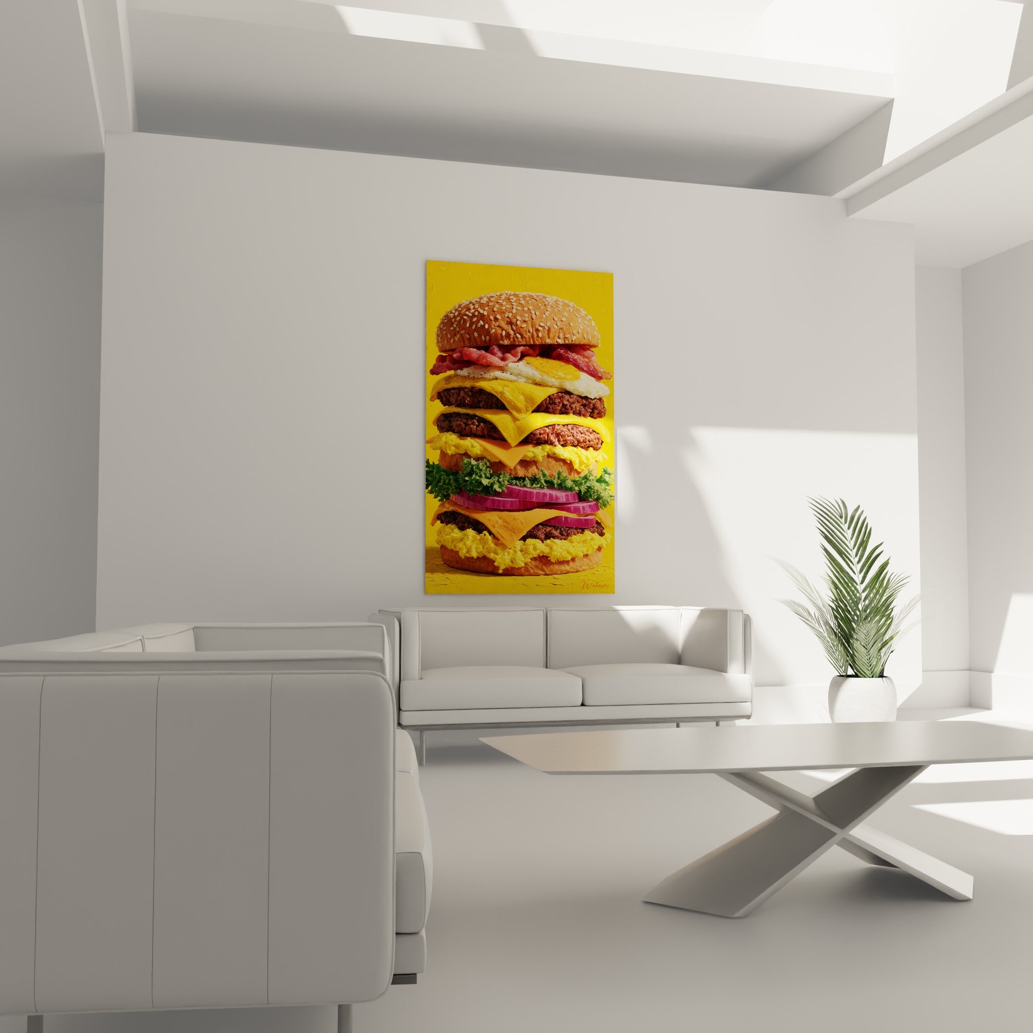 Burger généreux au fromage fondu orange placé au-dessus d'un canapé dans un salon lumineux
