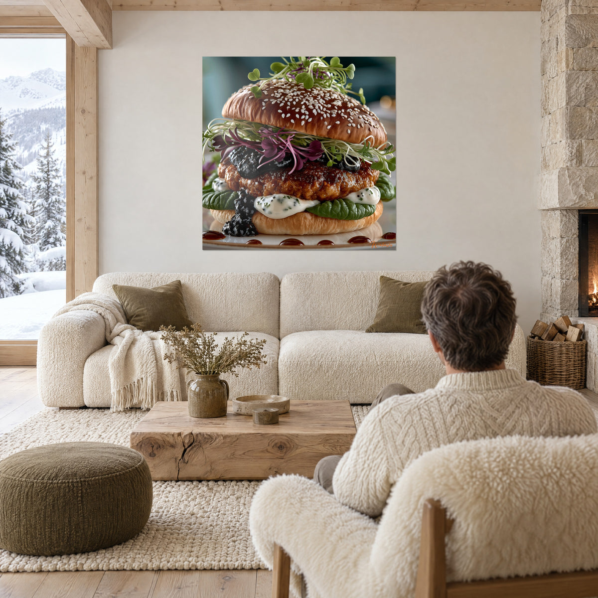 Tableau burger gourmet au pain brioché sésame, confiture de mûres noire et pousses violettes, au-dessus d'un canapé dans un salon lumineux