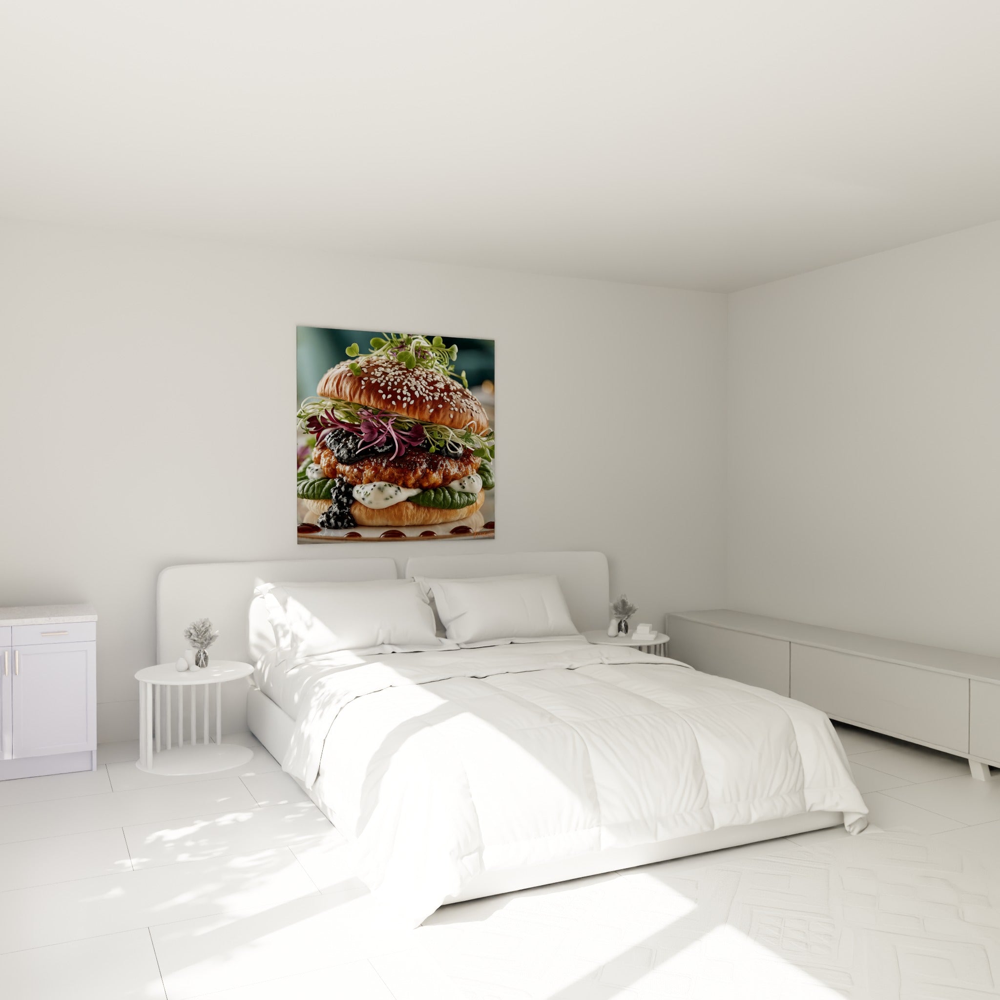 Pain brioché et galette grillée composant ce burger, accroché au-dessus d'un lit dans une chambre claire