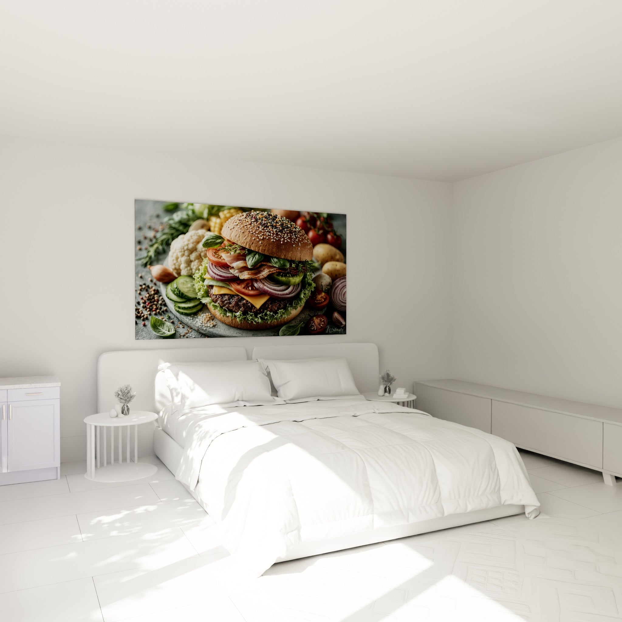 Burger généreux aux couleurs vives, tomate et laitue verte, au-dessus d'un lit dans une chambre claire