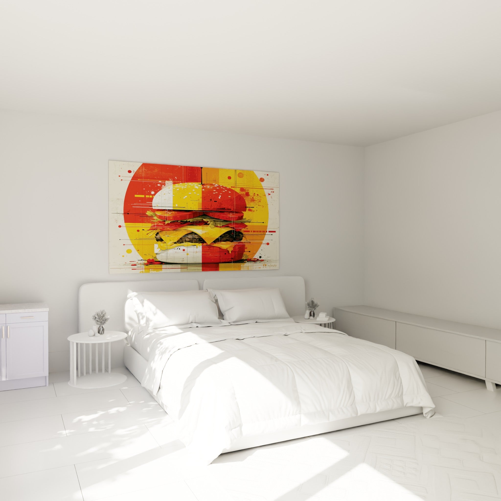 Burger aux teintes rouge et jaune vibrantes accroché au-dessus d'un lit dans une chambre claire