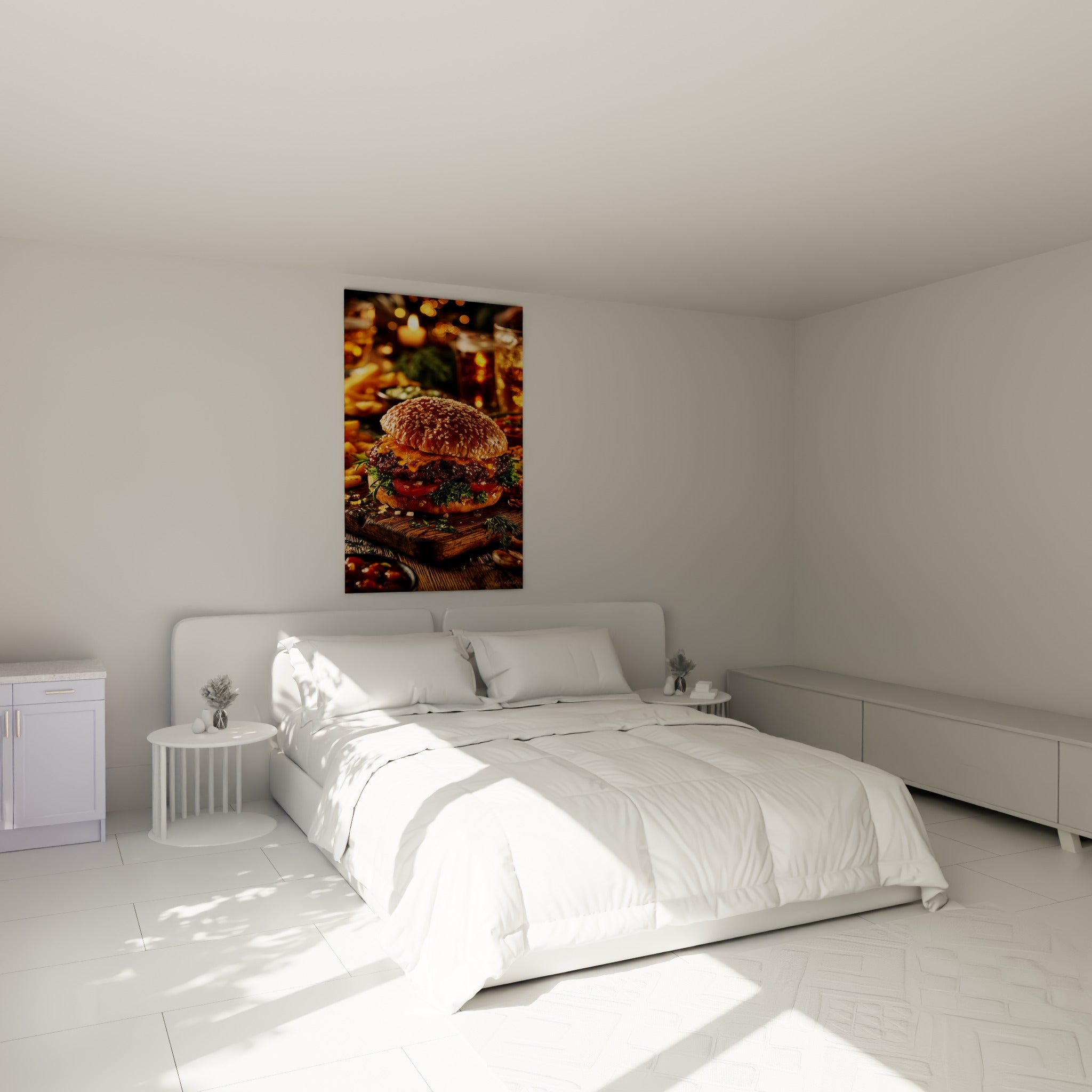 Sandwich gourmand aux teintes dorées et rouges, accroché au-dessus d'un lit dans une chambre claire