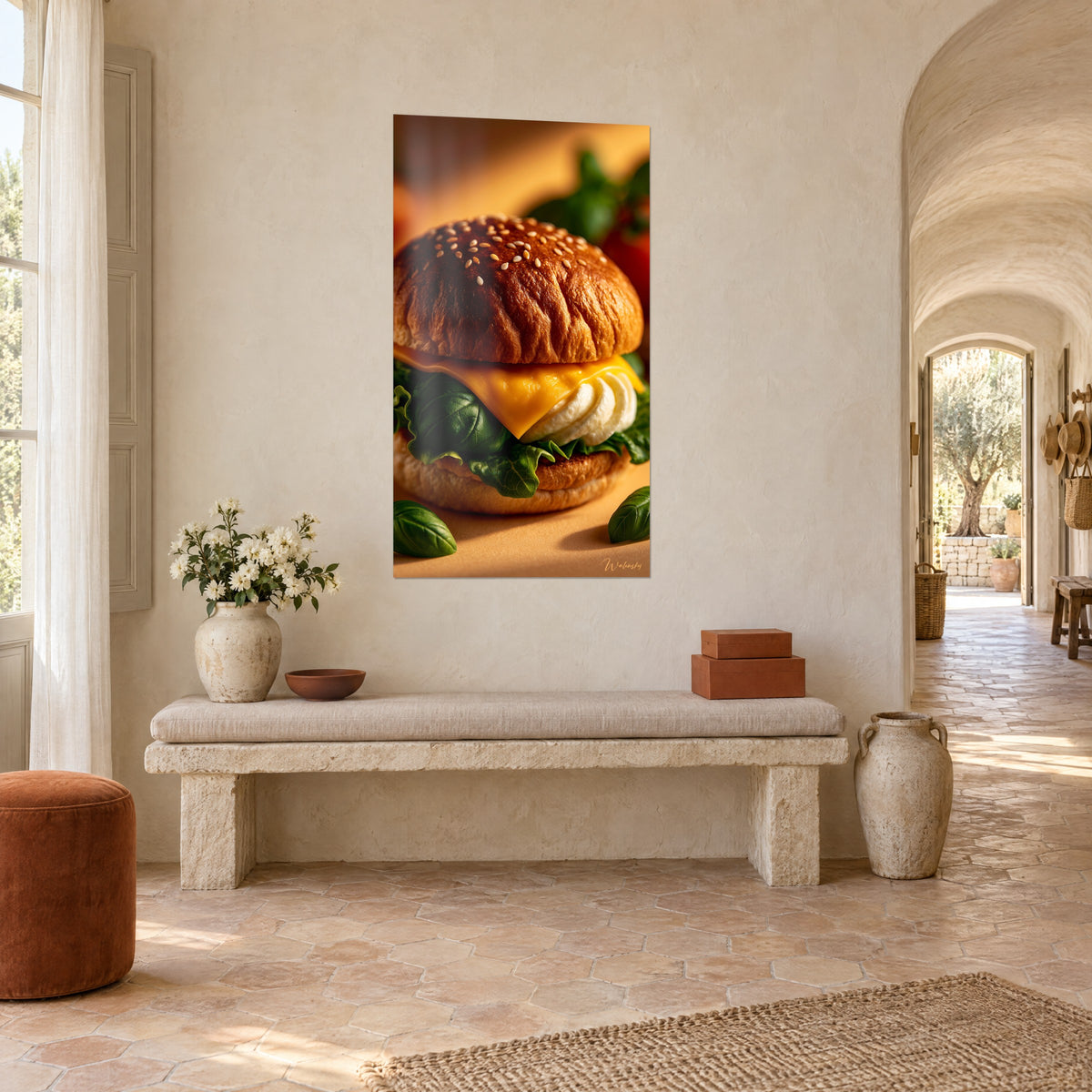 Tableau sandwich gourmand au cheddar orangé fondant, feuilles de basilic sombres et brioche brune, dans un mas provençal