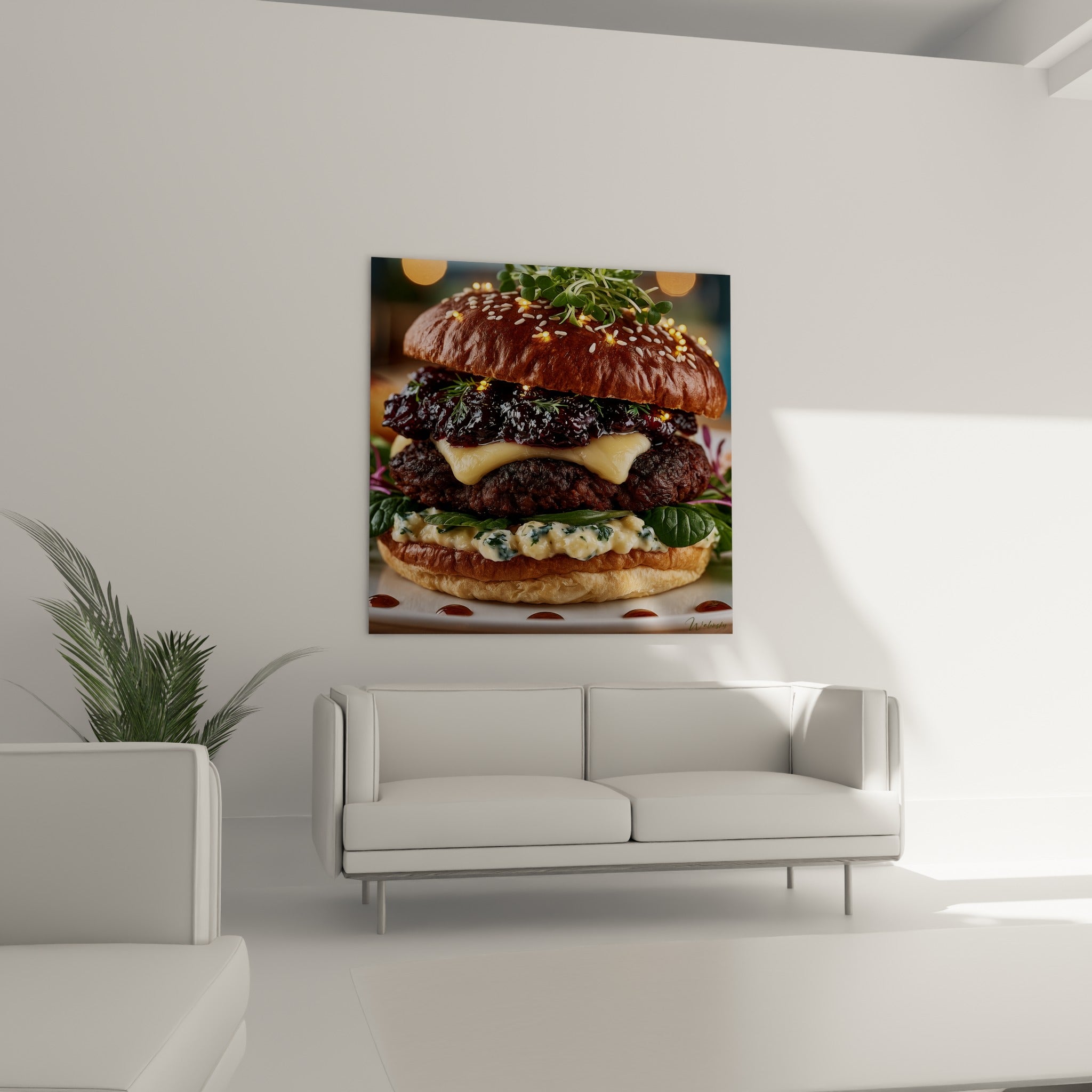 Burger gourmet aux herbes fraîches vertes et fromage fondant, suspendu au-dessus d'un canapé dans un salon lumineux.