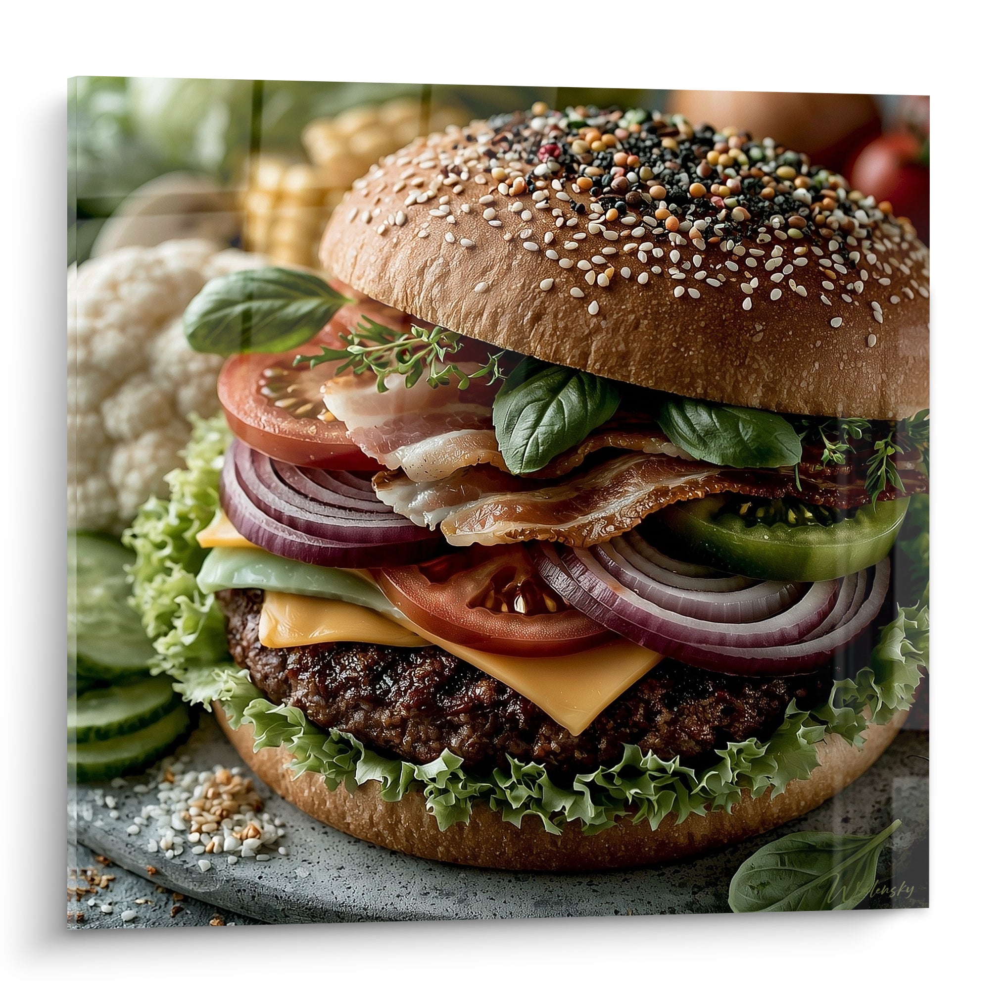 Burger doré au pain parsemé de graines multicolores, garni de bacon, tomate rouge et oignon violet