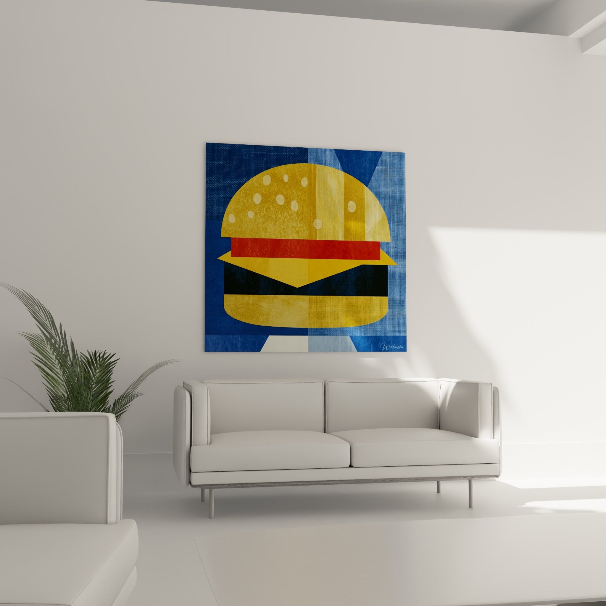 Sandwich stylisé en jaune doré et bleu marine au-dessus d'un canapé dans un salon lumineux