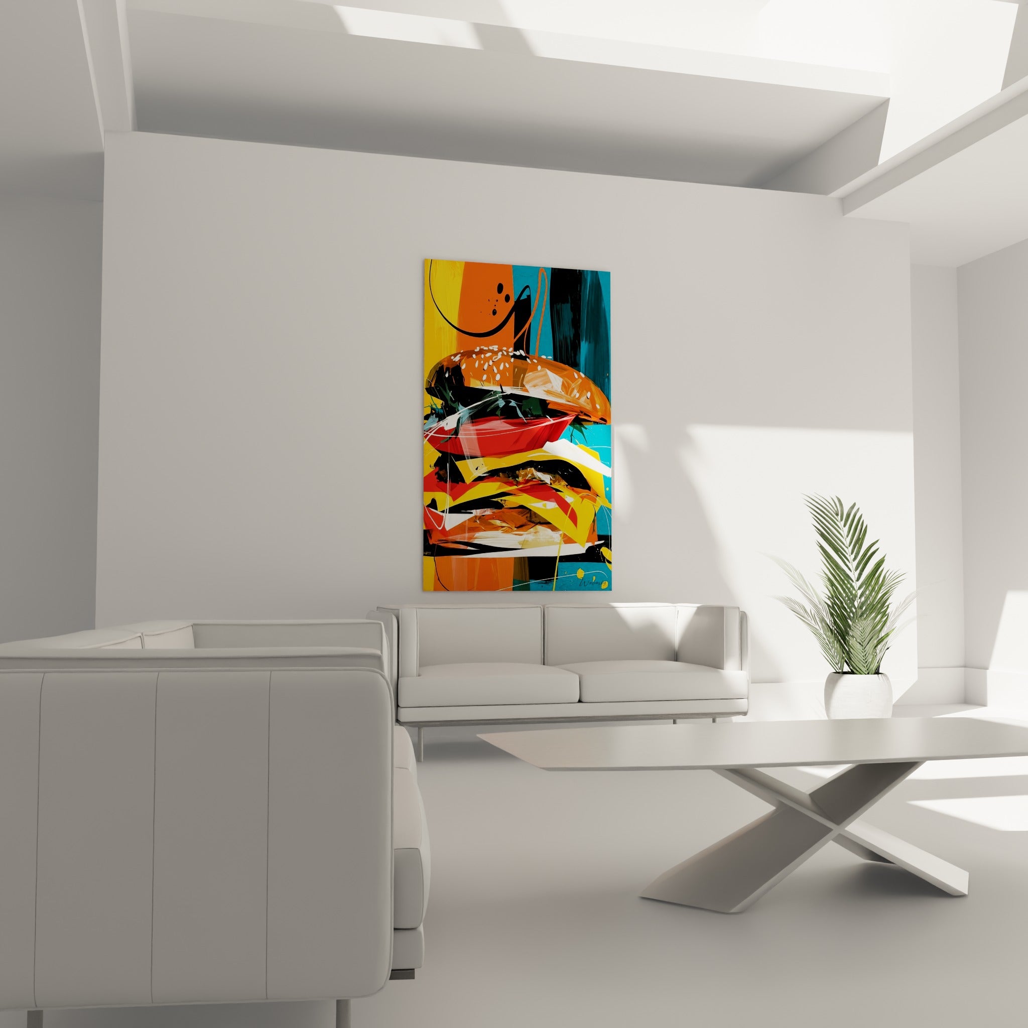 Sandwich stylisé rouge et doré aux accents noirs graphiques, au-dessus d'un canapé dans un salon lumineux