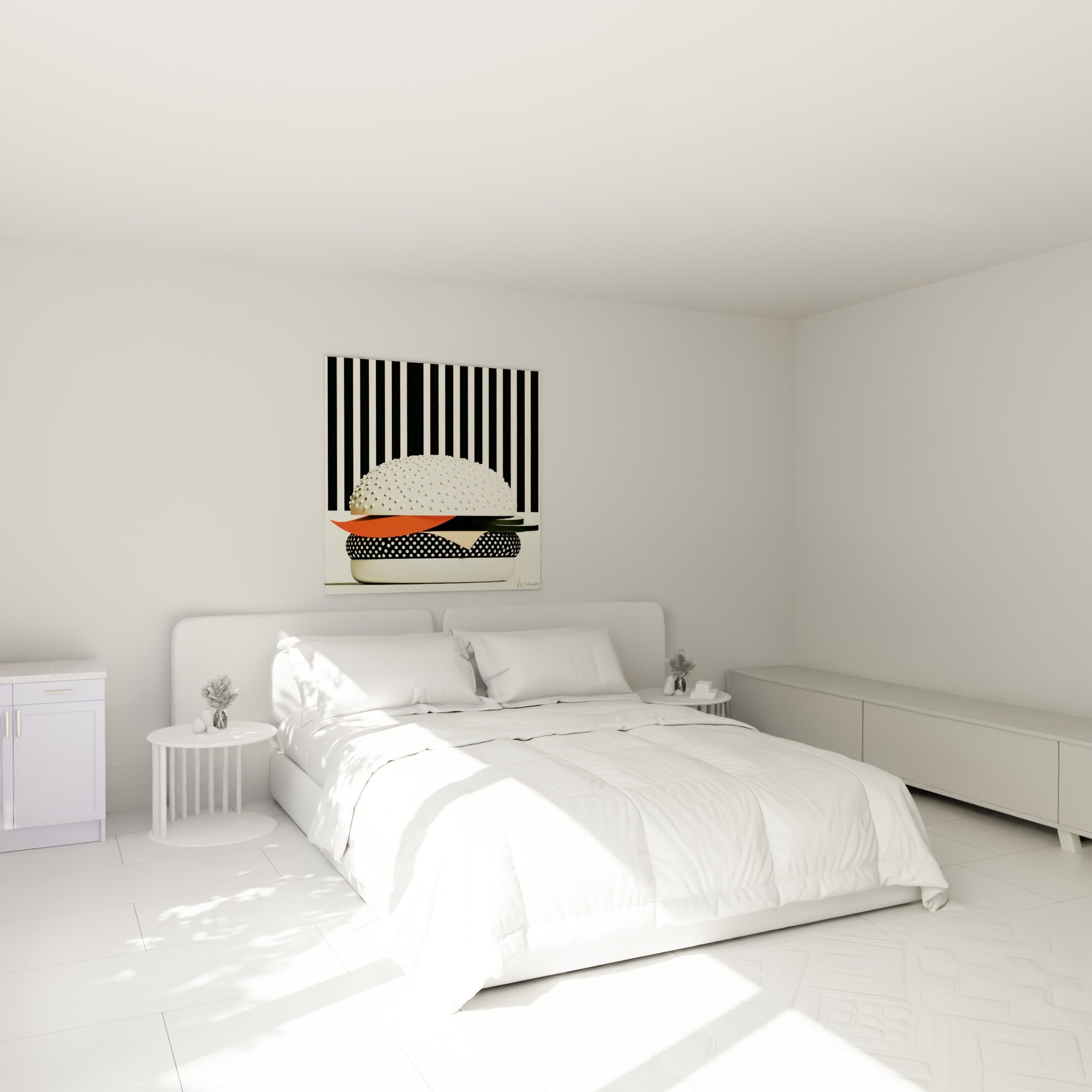 Sculpture graphique d'un burger crème à pois noirs, accrochée au-dessus d'un lit dans une chambre claire