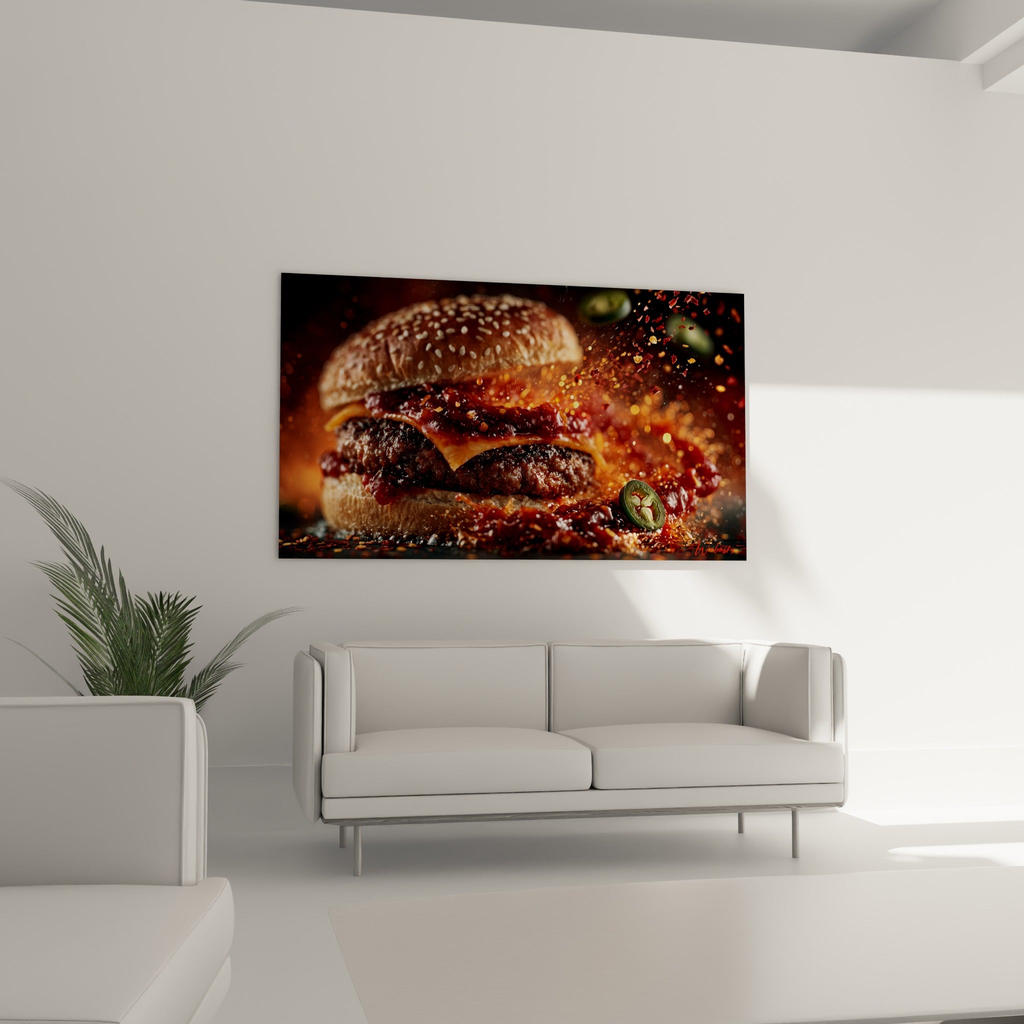 Cheeseburger généreux entouré d'éclats de piment rouge et vert, au-dessus d'un canapé dans un salon lumineux