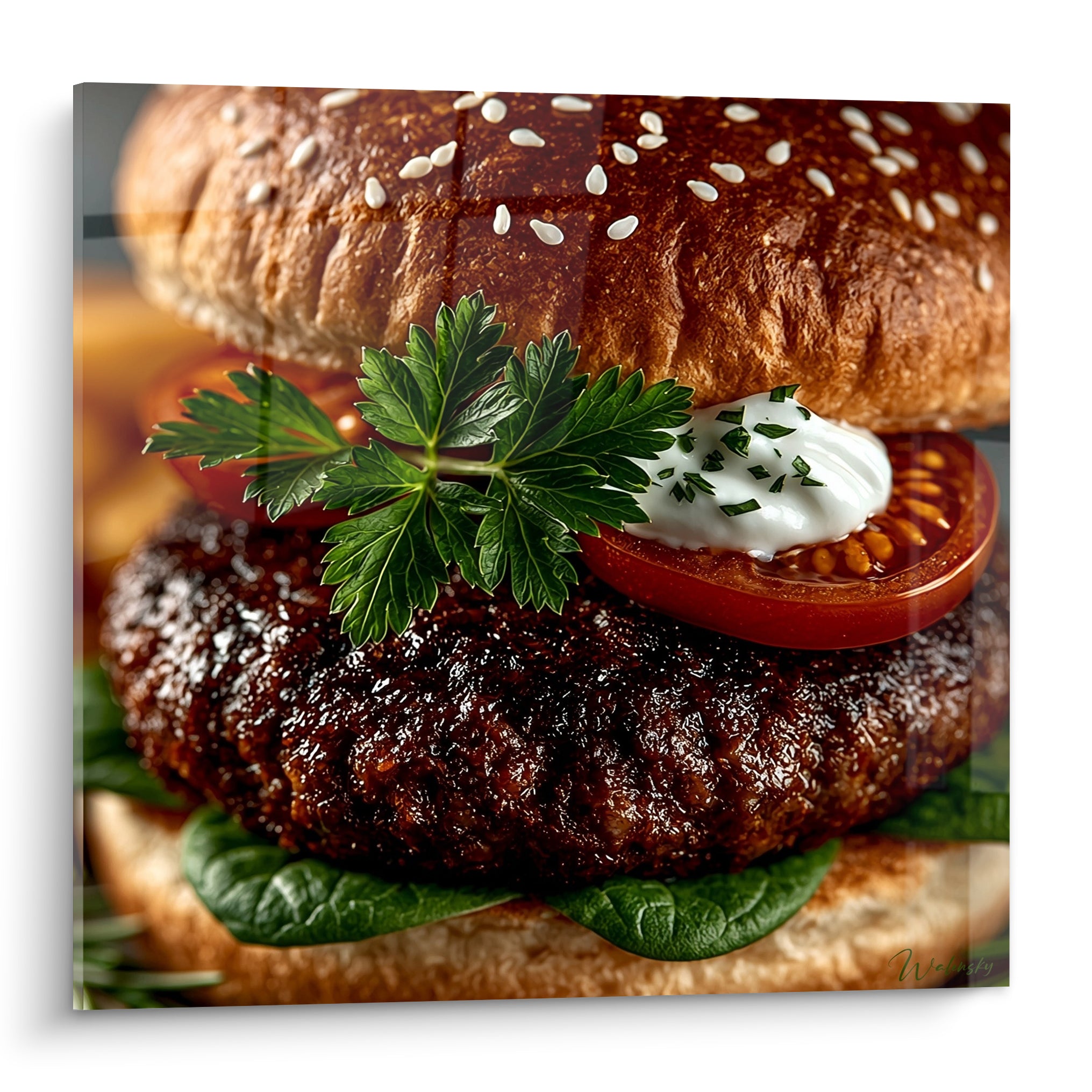 Burger grillé brun et rouge, sauce crémeuse et persil vert, en très gros plan réaliste