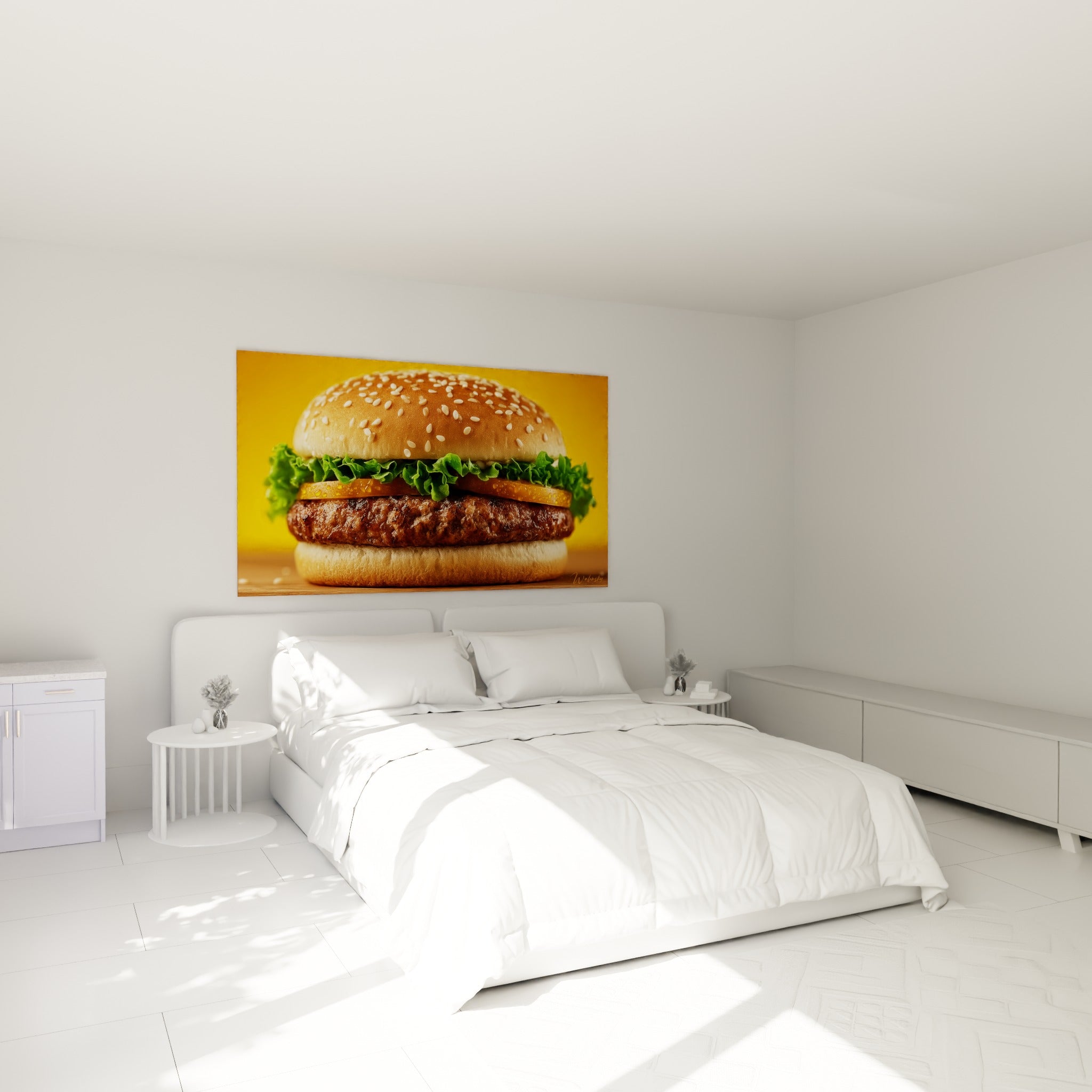 Burger grillé brun et vert accroché au-dessus d'un lit dans une chambre claire