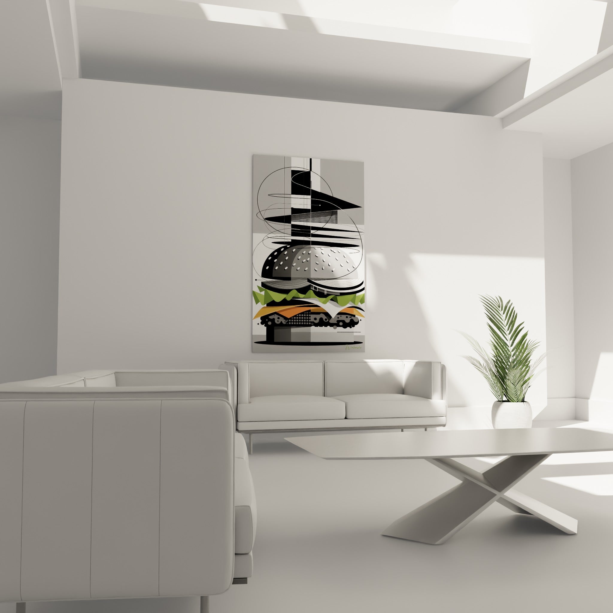 Burger graphique aux couleurs grises et orangées, lignes courbes dynamiques, au-dessus d'un canapé dans un salon lumineux