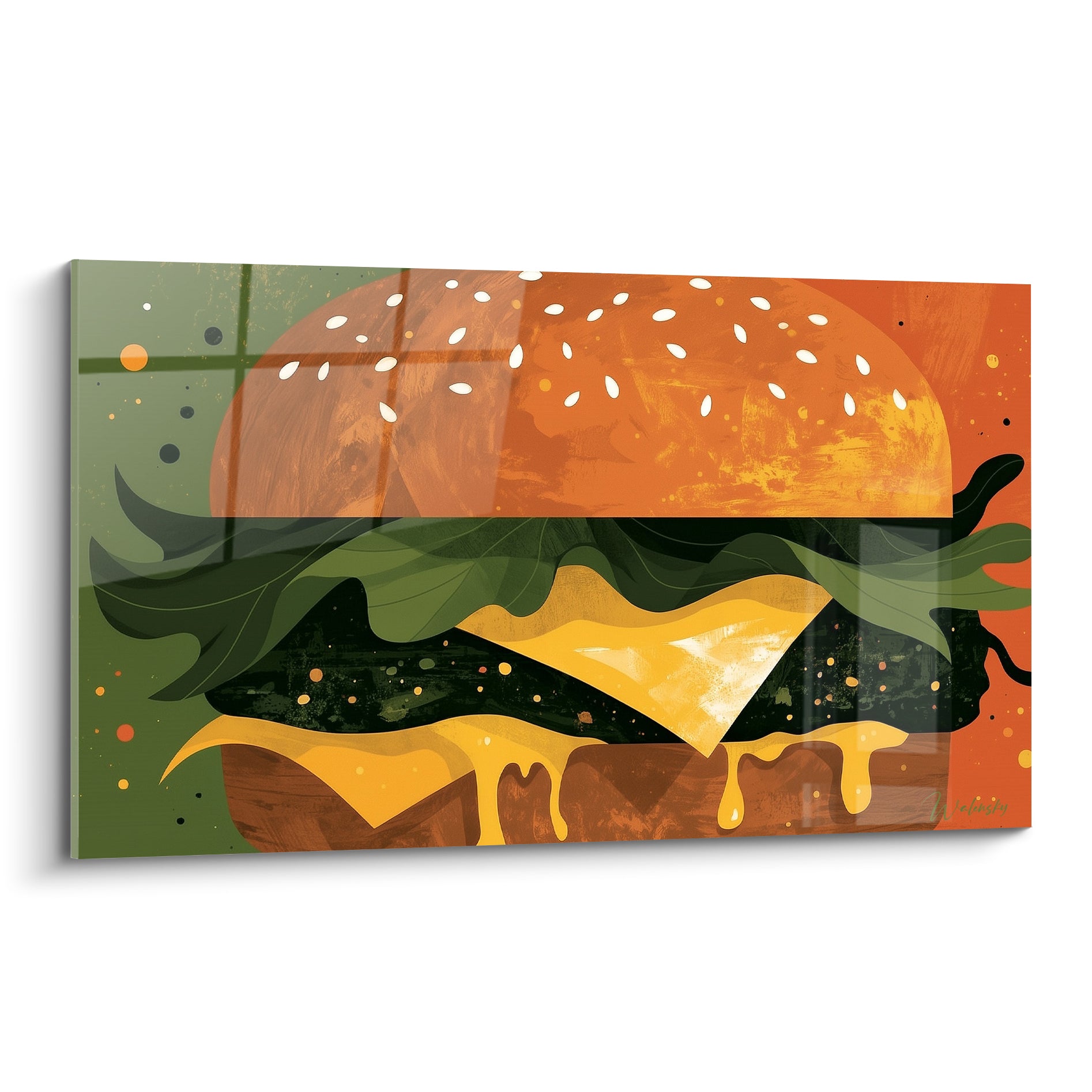 Burger illustré en coupe, pain orangé au sésame, fromage jaune fondant, fond vert olive