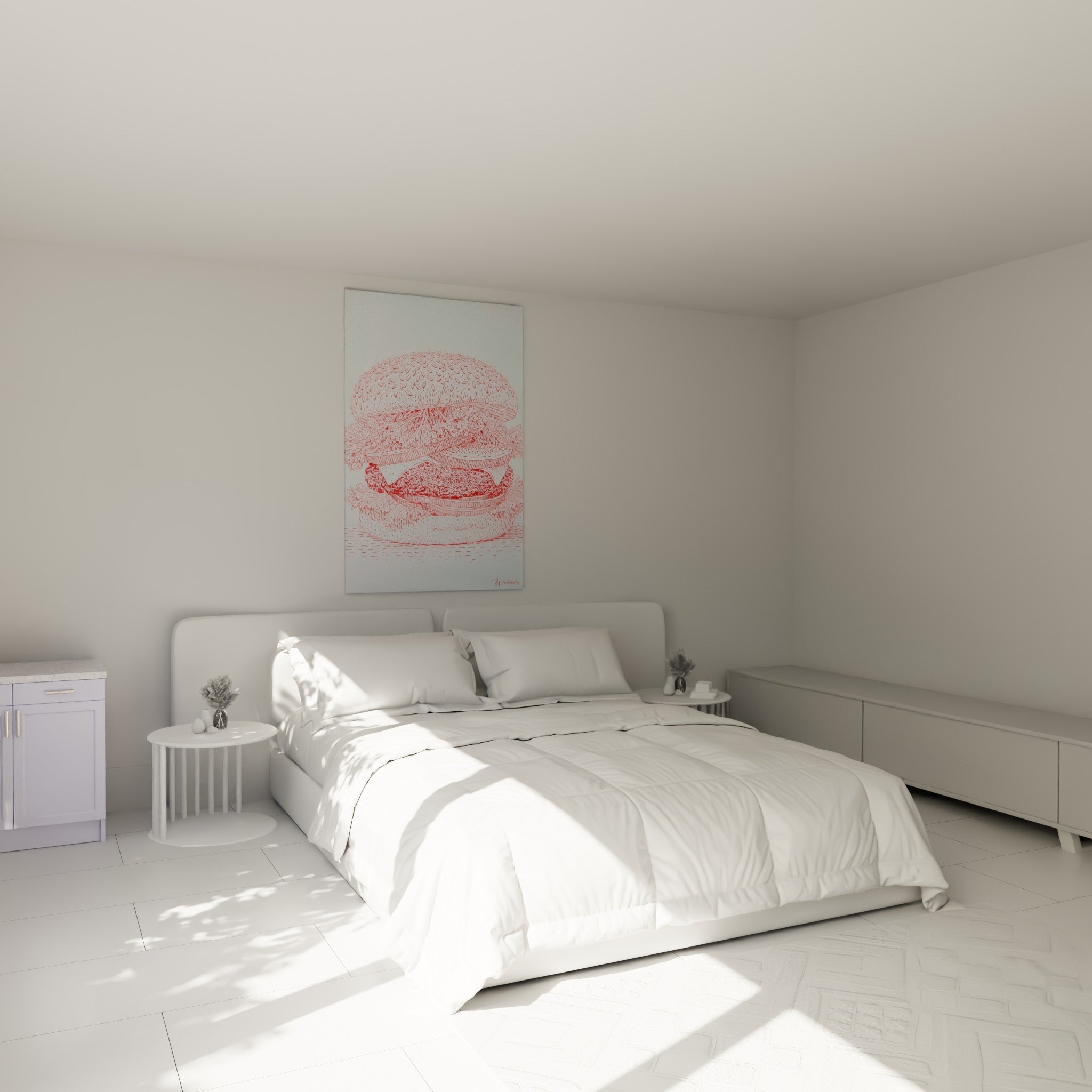 Sandwich rouge et blanc dessiné au trait, accroché au-dessus d'un lit dans une chambre claire