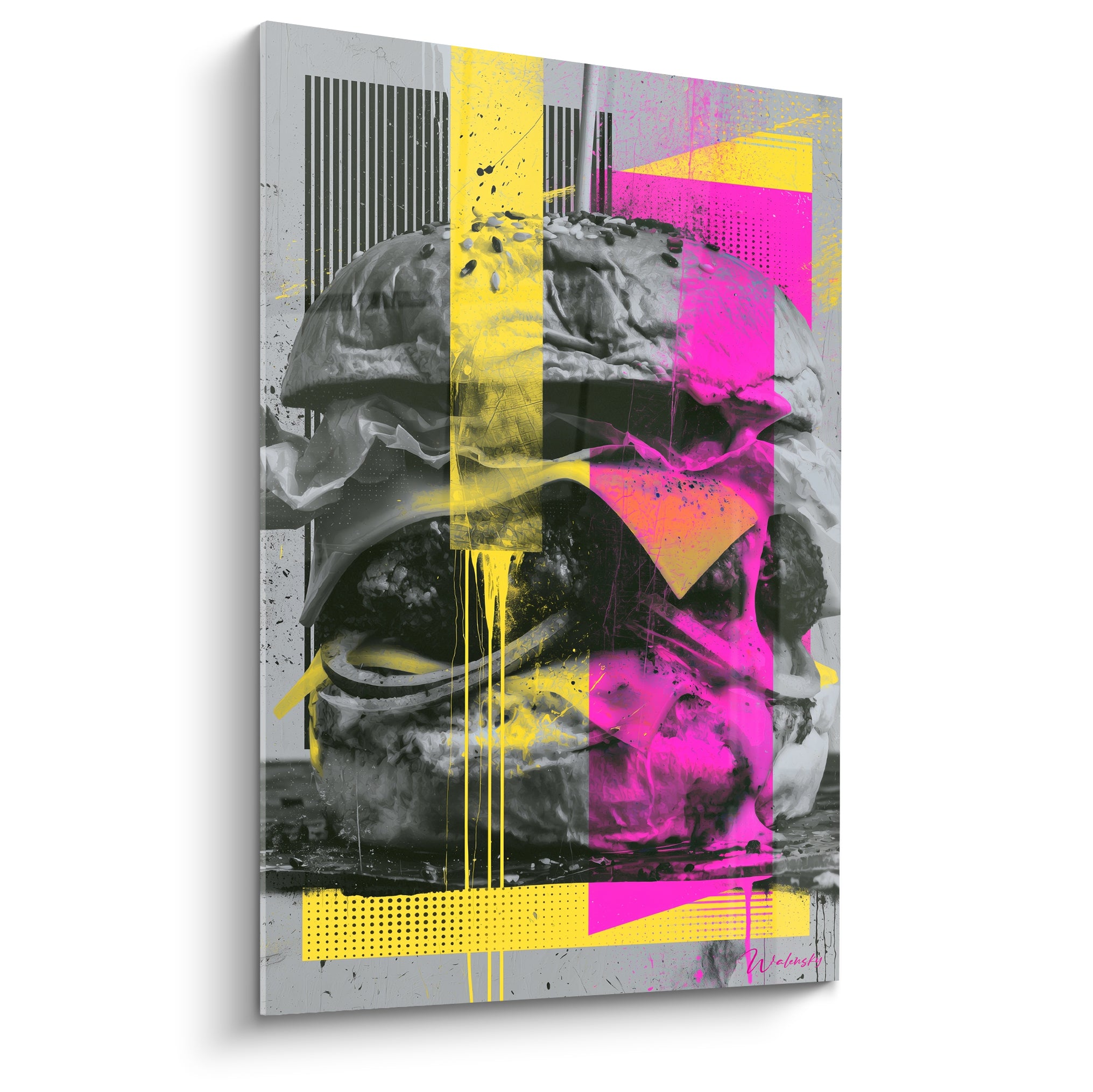 Burger noir et blanc éclaboussé de jaune fluo et rose fuchsia façon graffiti urbain