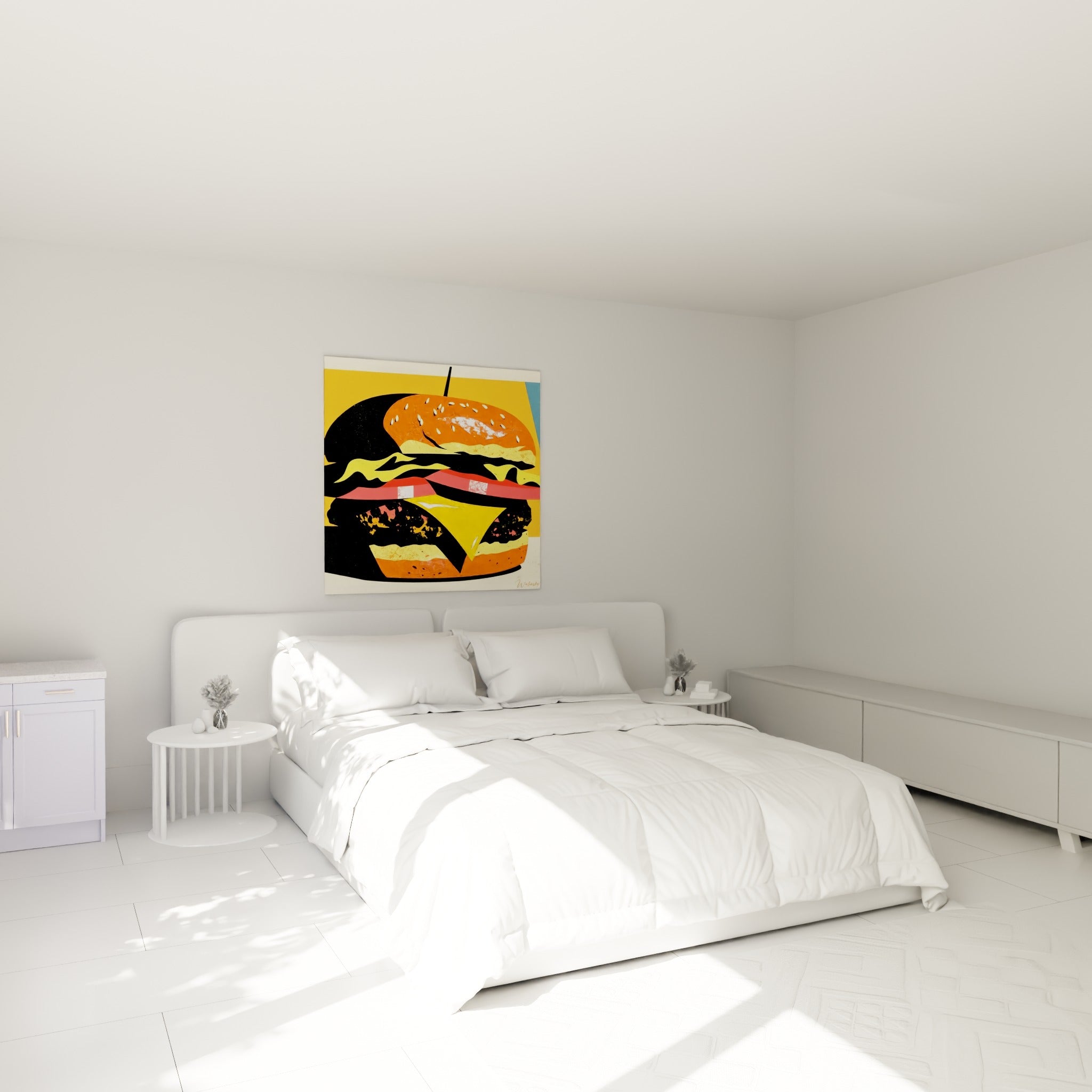 Illustration burger orange, jaune et rouge accrochée au-dessus d'un lit dans une chambre claire