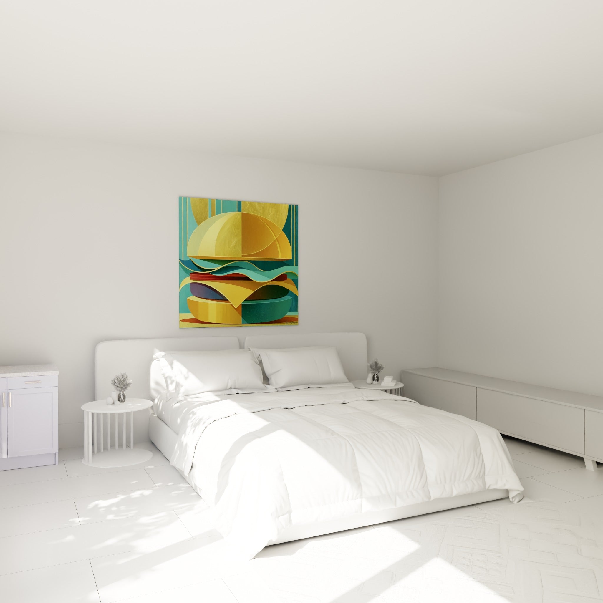 Pain doré et vagues turquoise d'un burger stylisé, au-dessus d'un lit dans une chambre claire