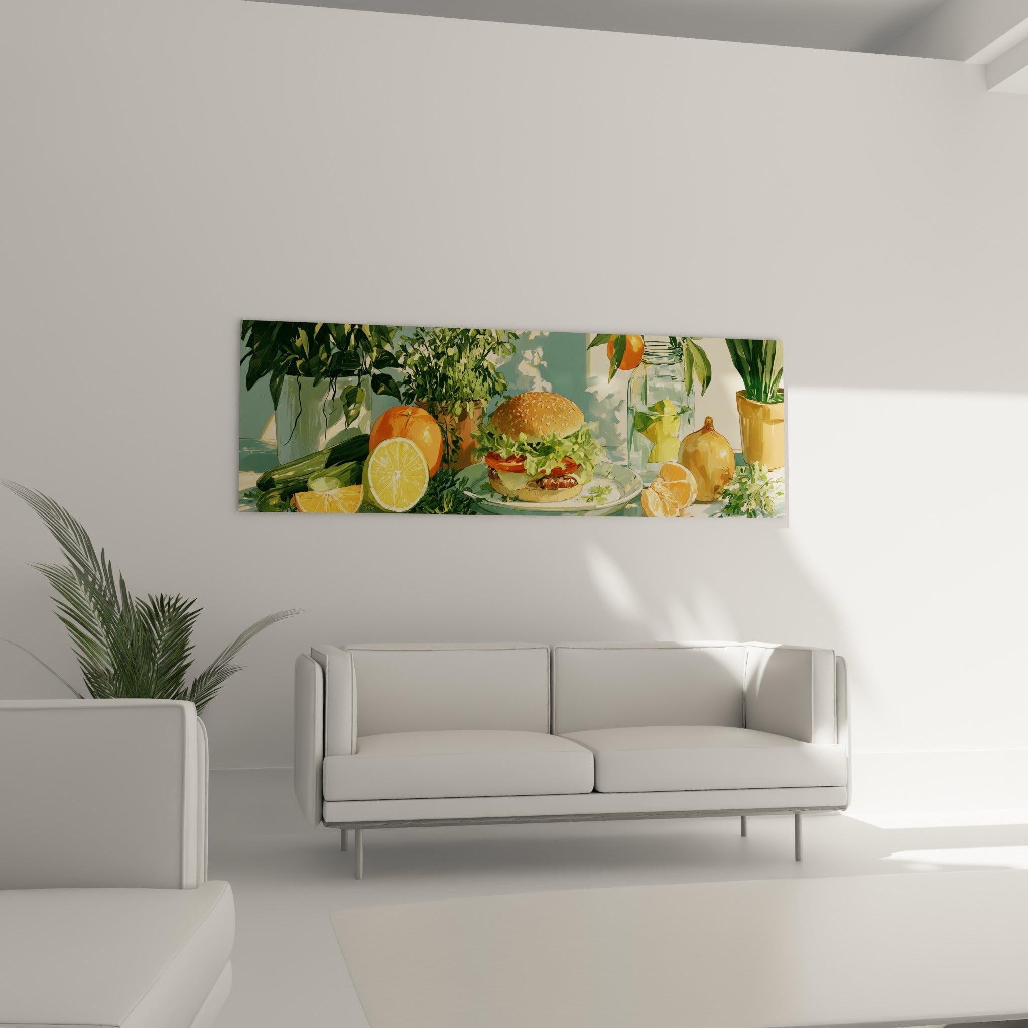 Scène de burger et fruits colorés en touches jaunes et vertes au-dessus d'un canapé dans un salon lumineux