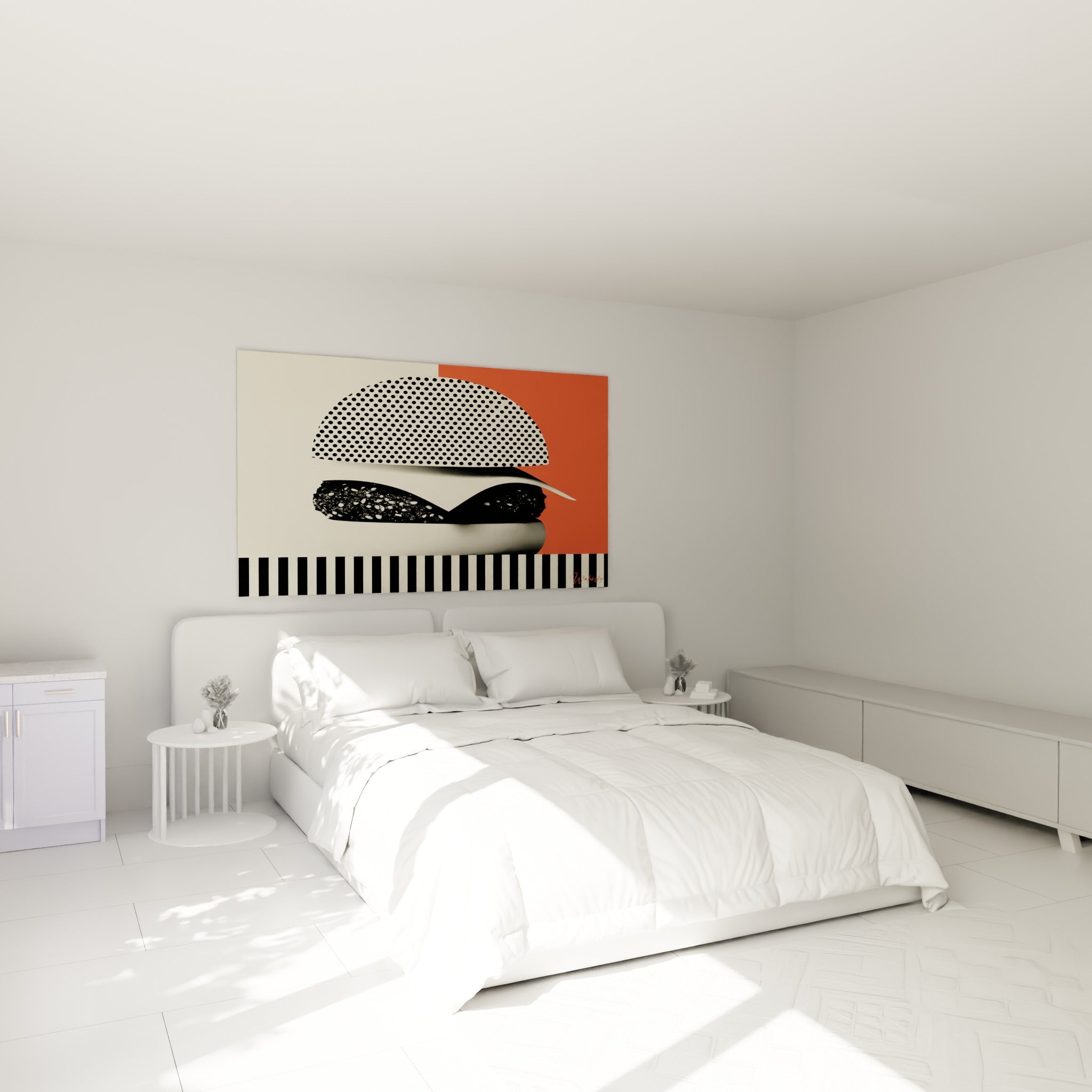 Burger graphique noir et corail éclatant au-dessus d'un lit dans une chambre claire