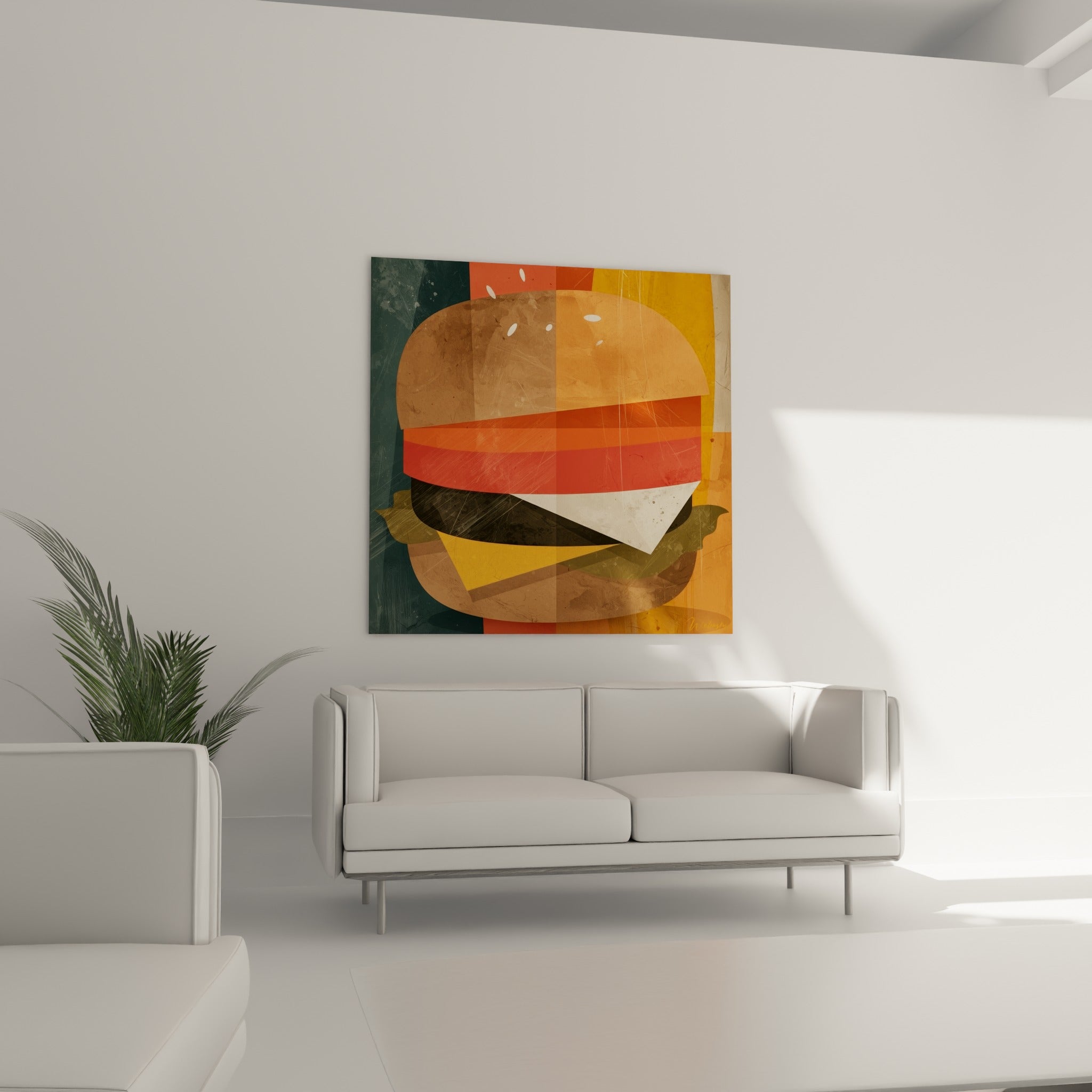 Burger stylisé jaune moutarde et vert olive suspendu au-dessus d'un canapé dans un salon lumineux