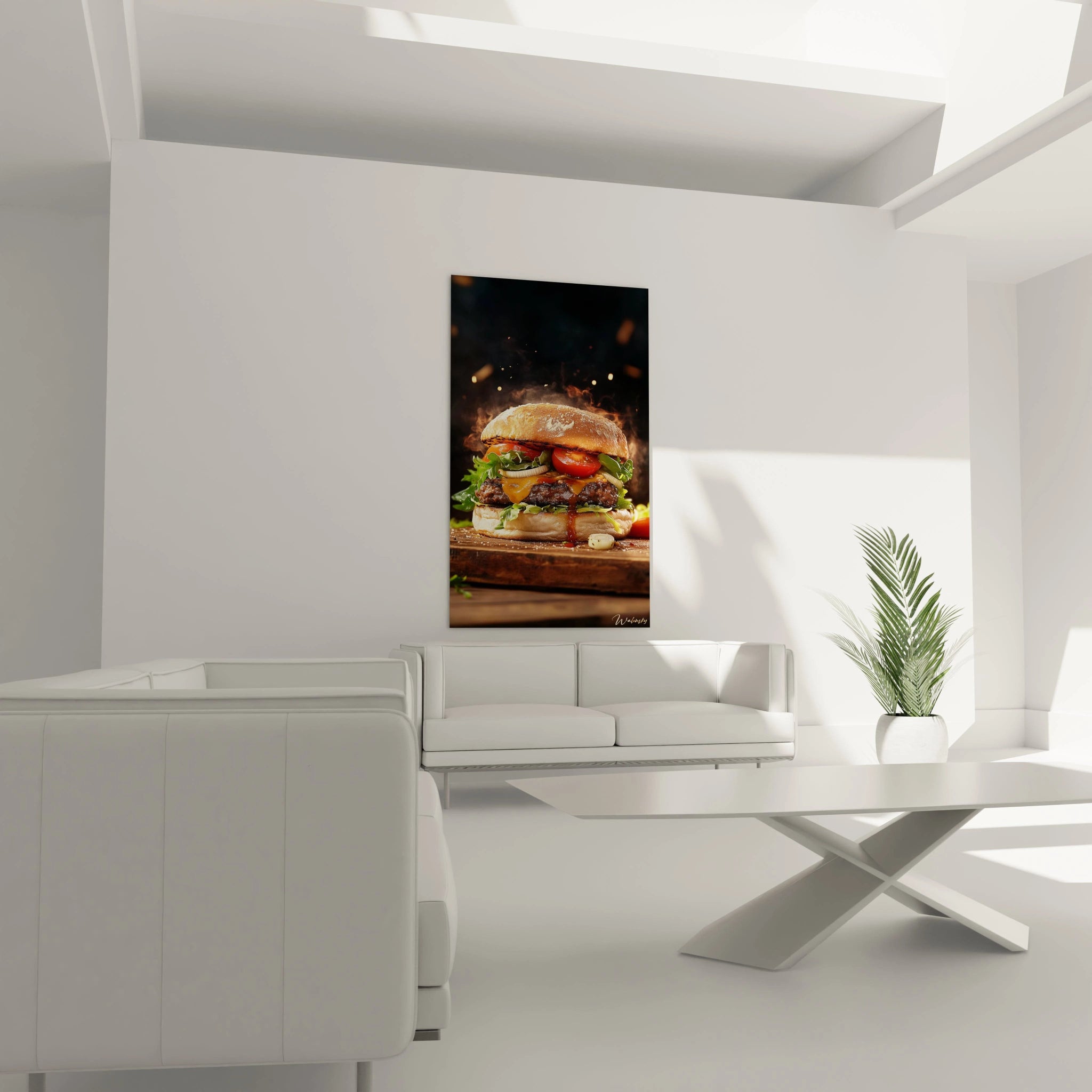 Un tableau burger illustrant un burger avec un pain légèrement grillé, une viande caramélisée, des tomates éclatantes et de la roquette verte, avec des détails précis et des effets de relief.