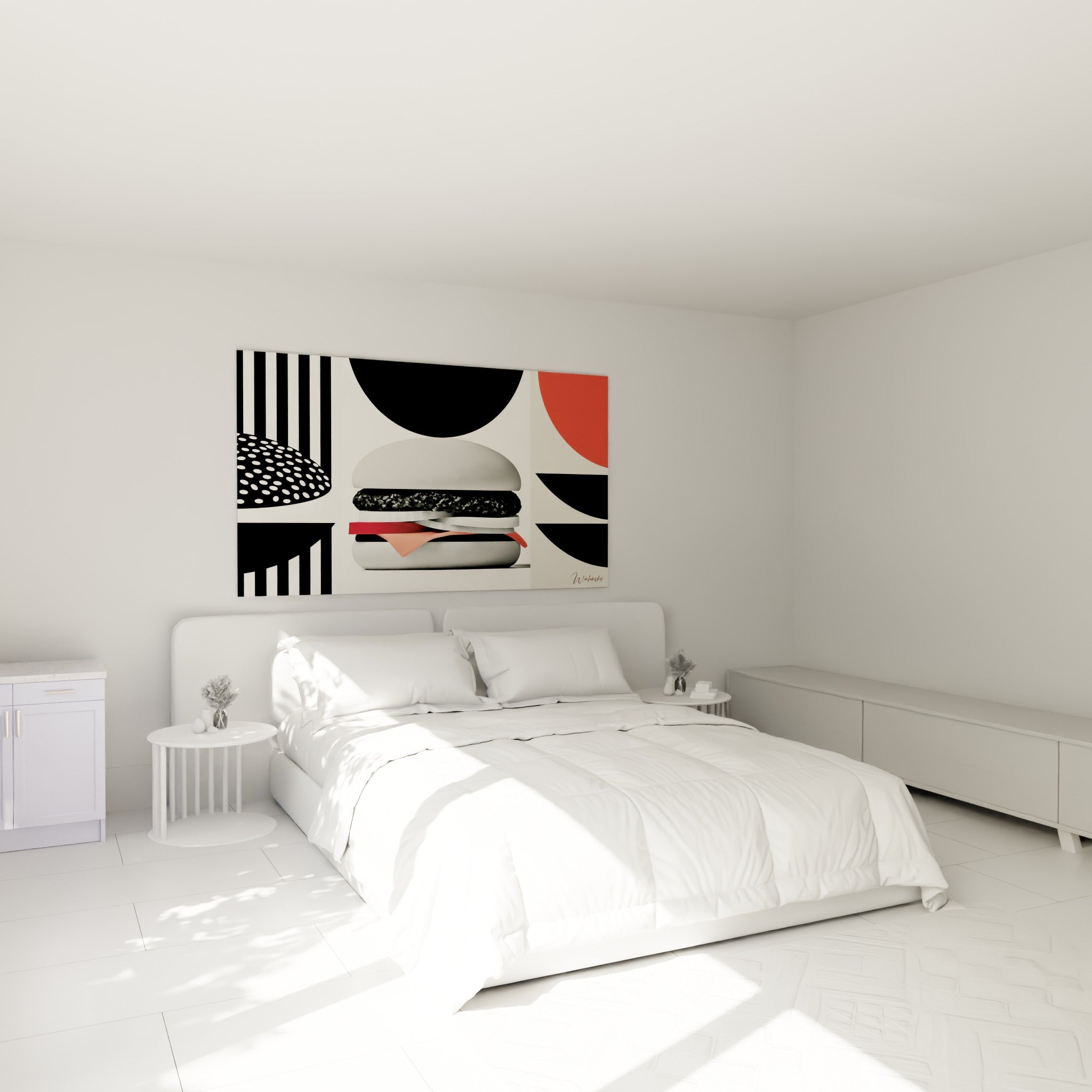 Burger géométrique noir et rouge corail accroché au-dessus d'un lit dans une chambre claire
