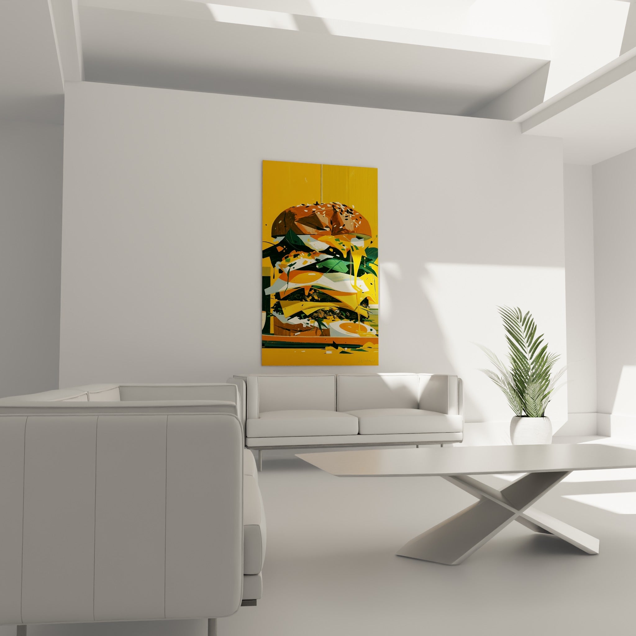 Burger coloré à l'œuf coulant orangé installé au-dessus d'un canapé dans un salon lumineux
