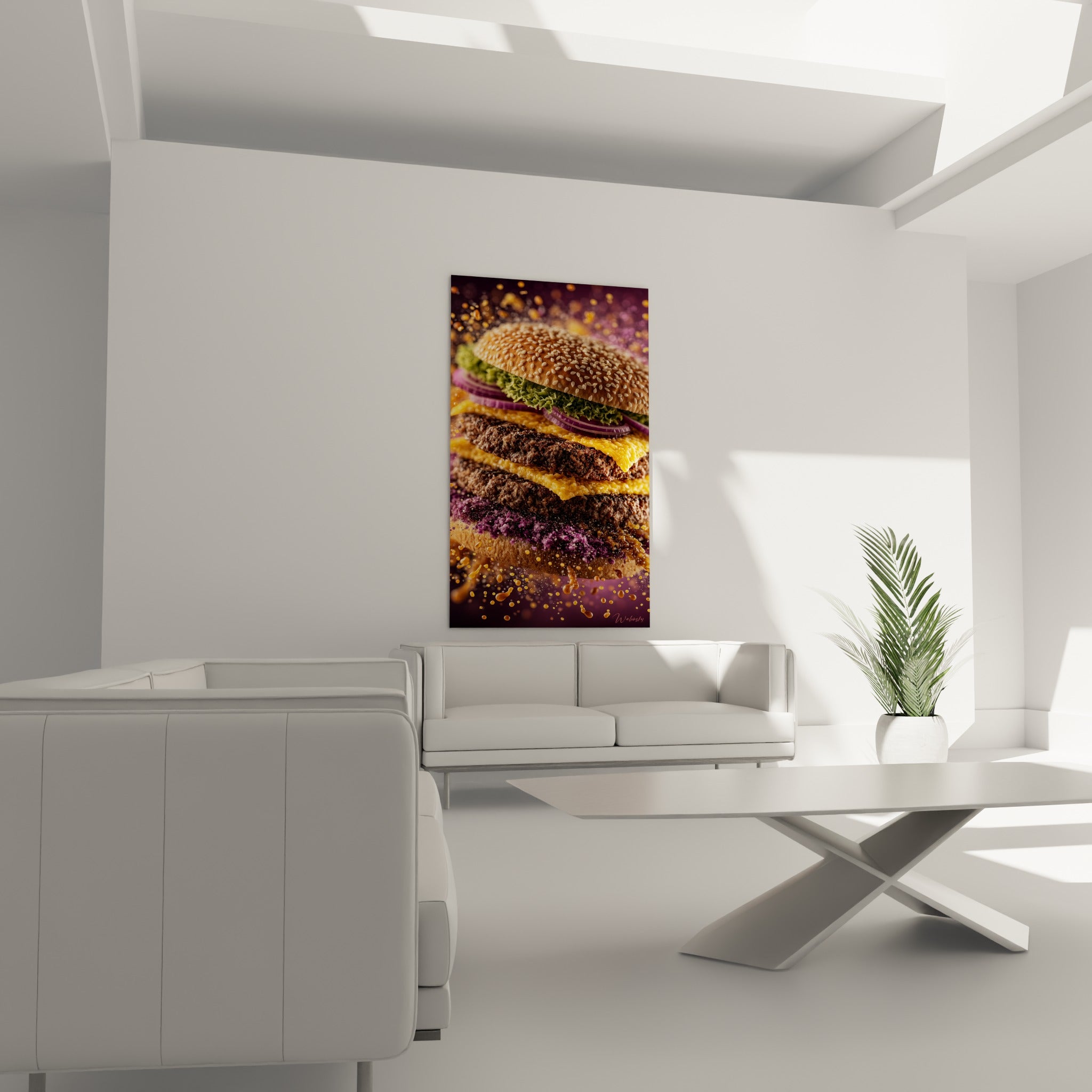 Steaks grillés et pain brioché sur fond prune vif, accrochés au-dessus d'un canapé dans un salon lumineux