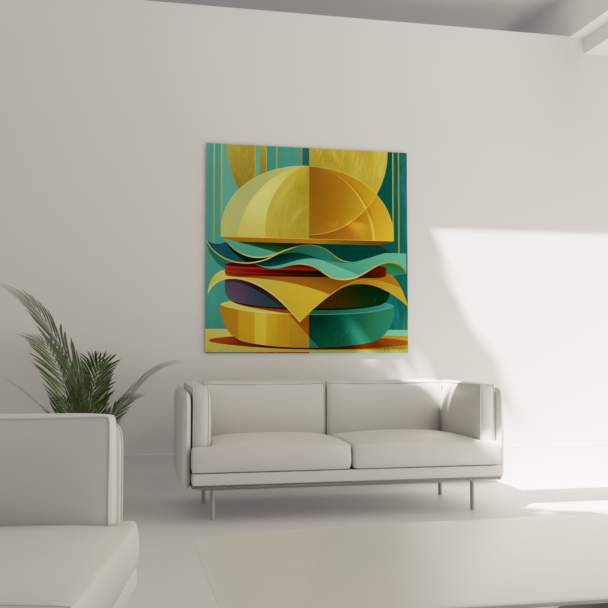 Formes ondulées jaune et sarcelle d'un burger géométrique, au-dessus d'un canapé dans un salon lumineux