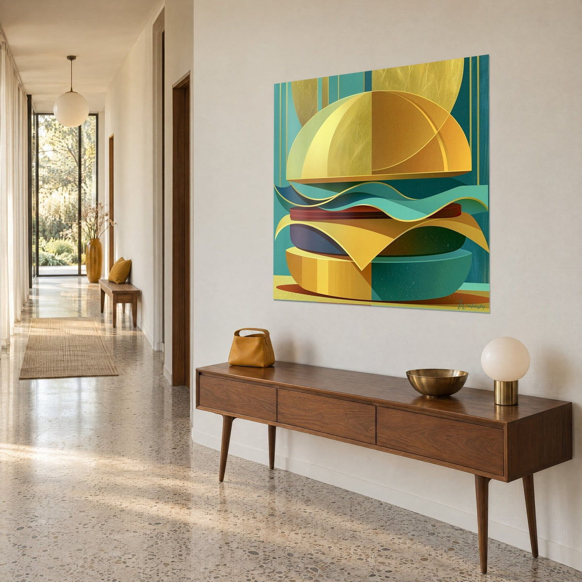Tableau sandwich géométrique à dôme jaune ocre, tranche de fromage dorée et steak bordeaux, mur crème et console en bois sombre