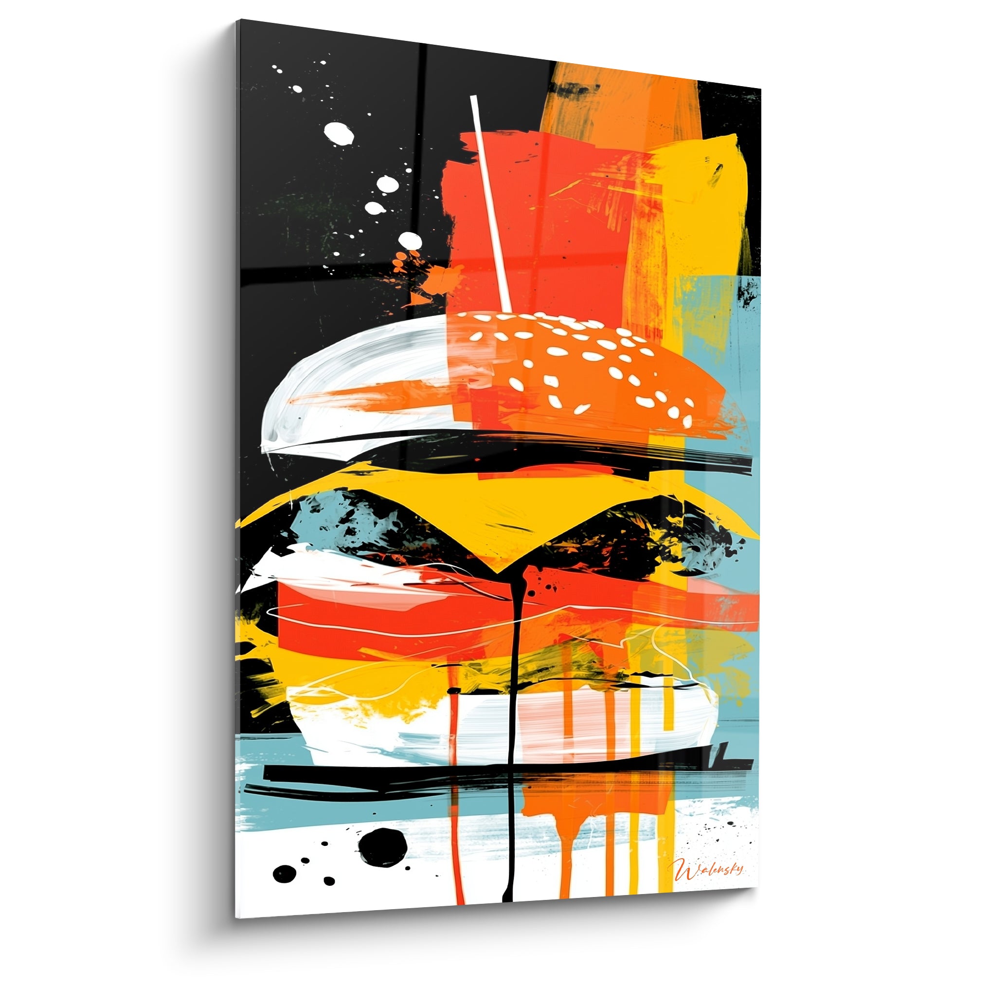 Burger éclaté aux touches orange, jaune et noires façon graffiti expressif sur fond sombre