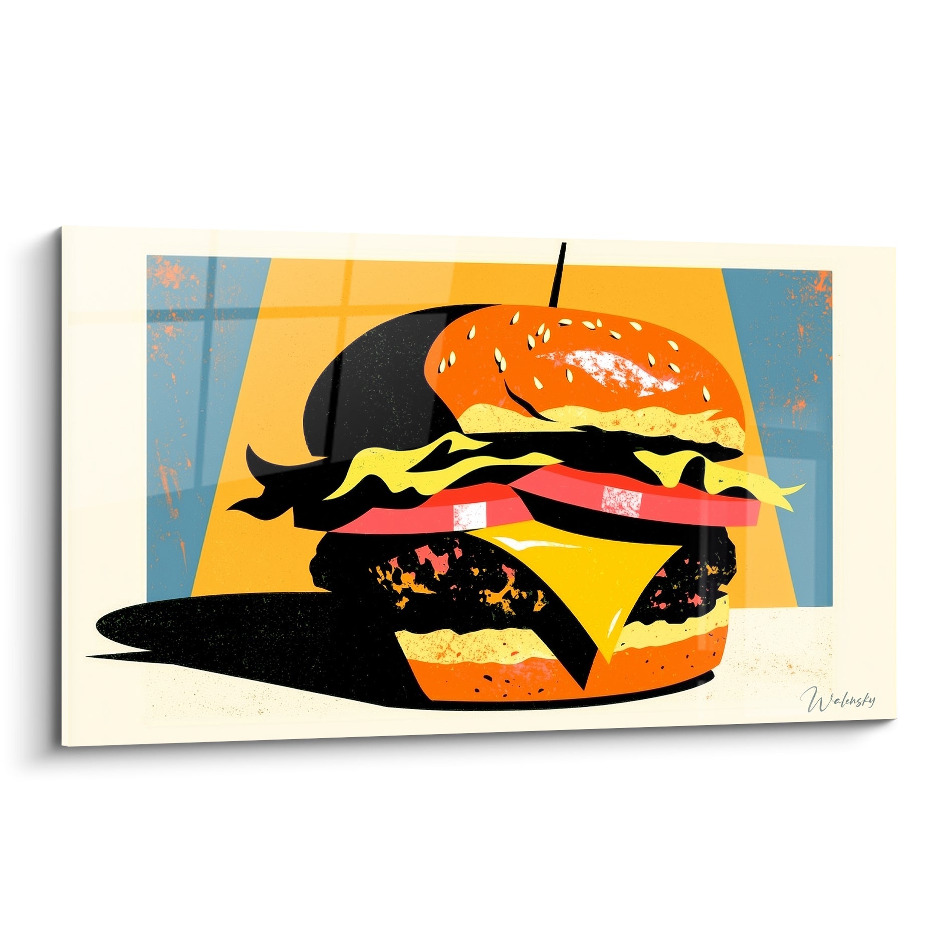 Burger orange et noir aux détails graphiques, sur fond bleu pétrole et jaune moutarde éclatant