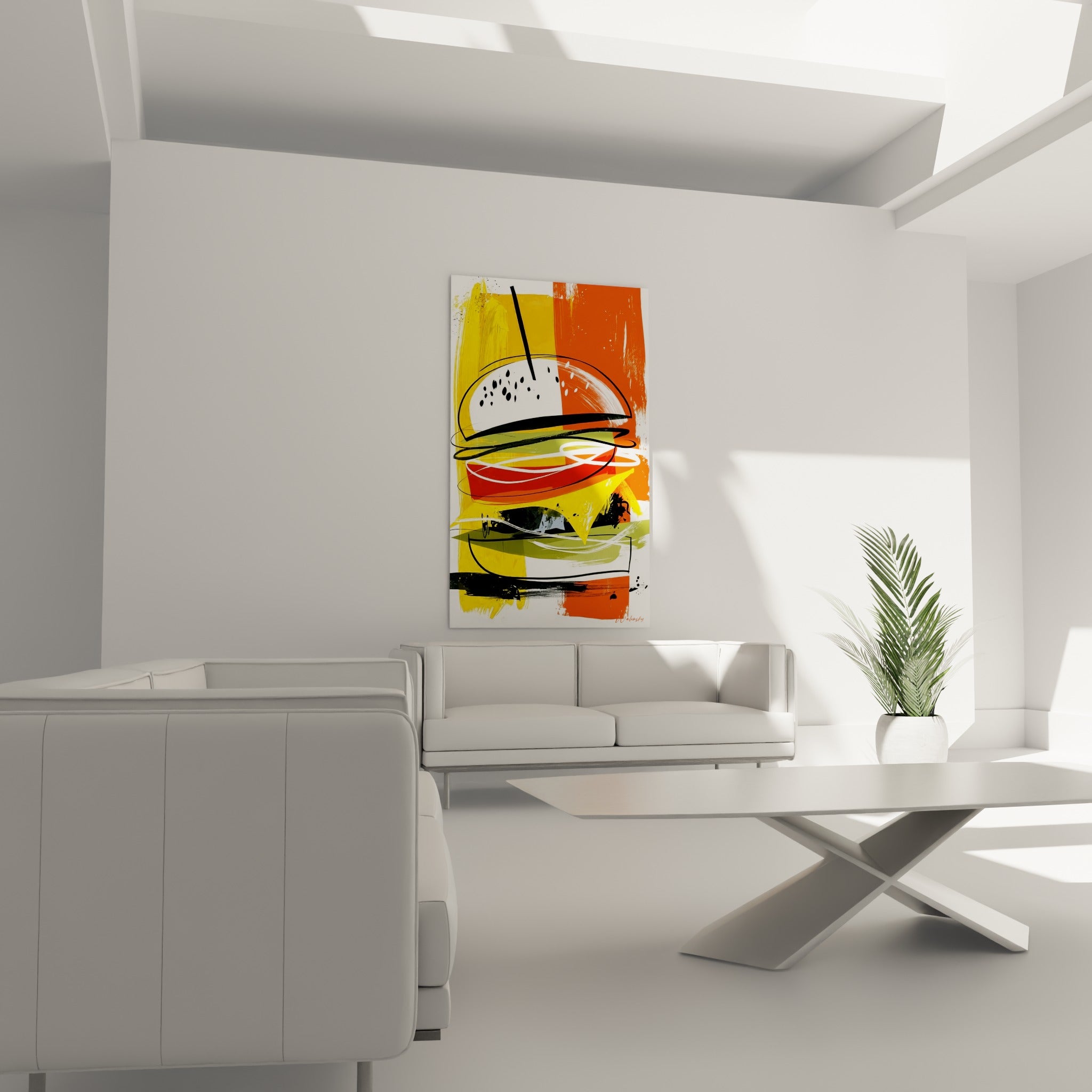 Composition orange et rouge d'un burger stylisé au-dessus d'un canapé dans un salon lumineux