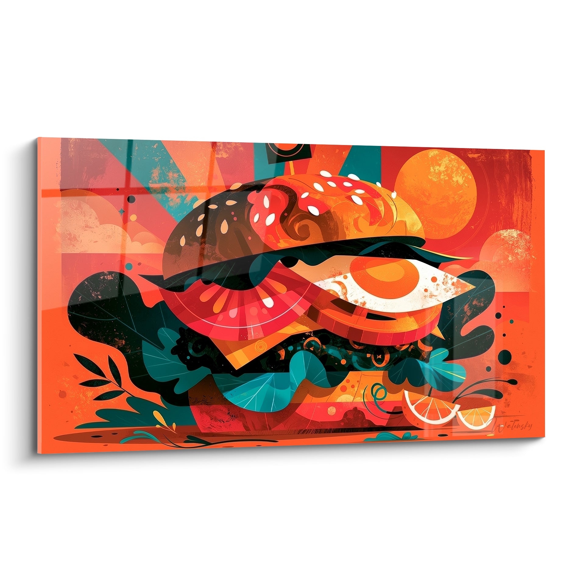 Burger éclaté en formes orange, sarcelle et rouge, composition graphique pop art vibrante