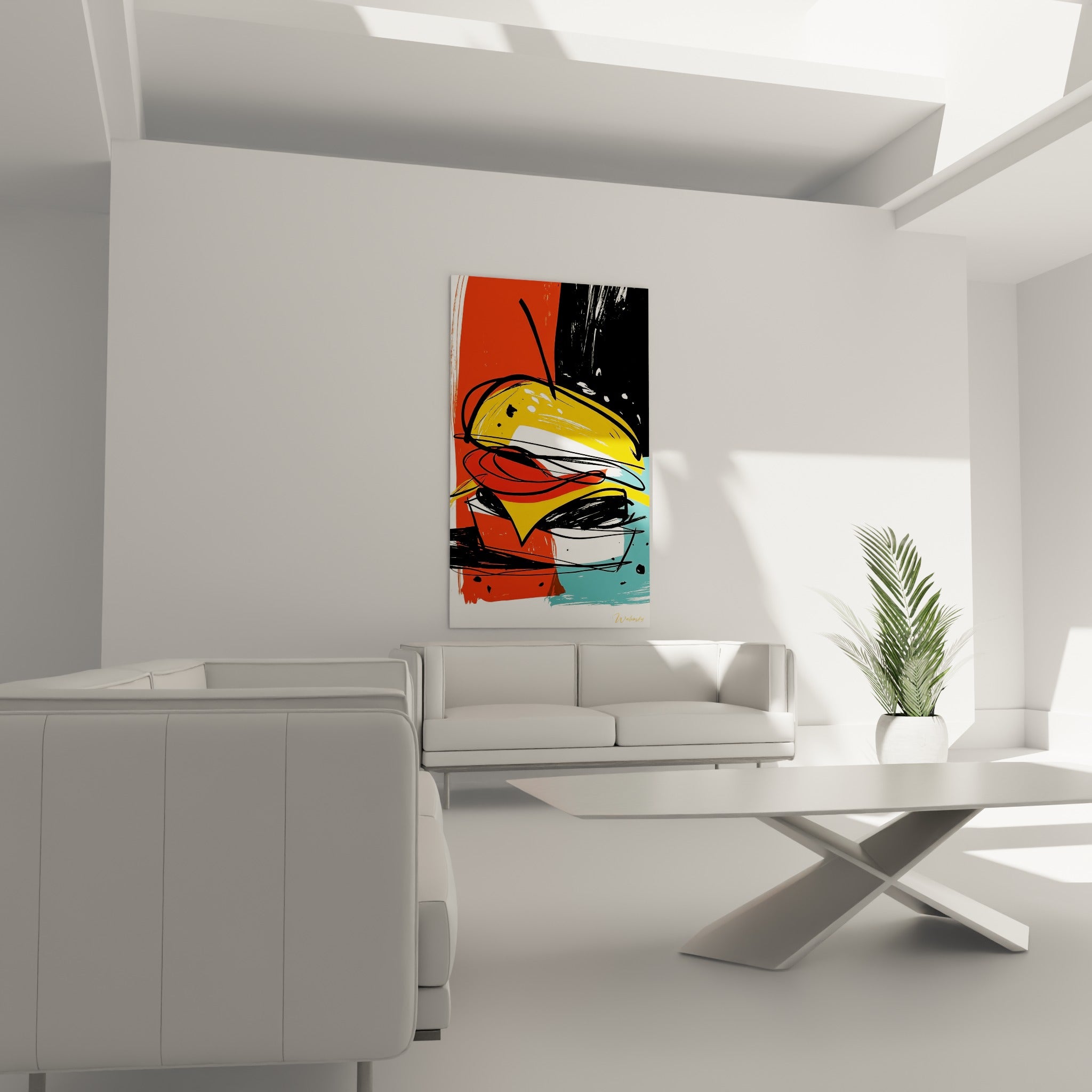 Burger orange et turquoise dessiné à grands traits, suspendu au-dessus d'un canapé dans un salon lumineux