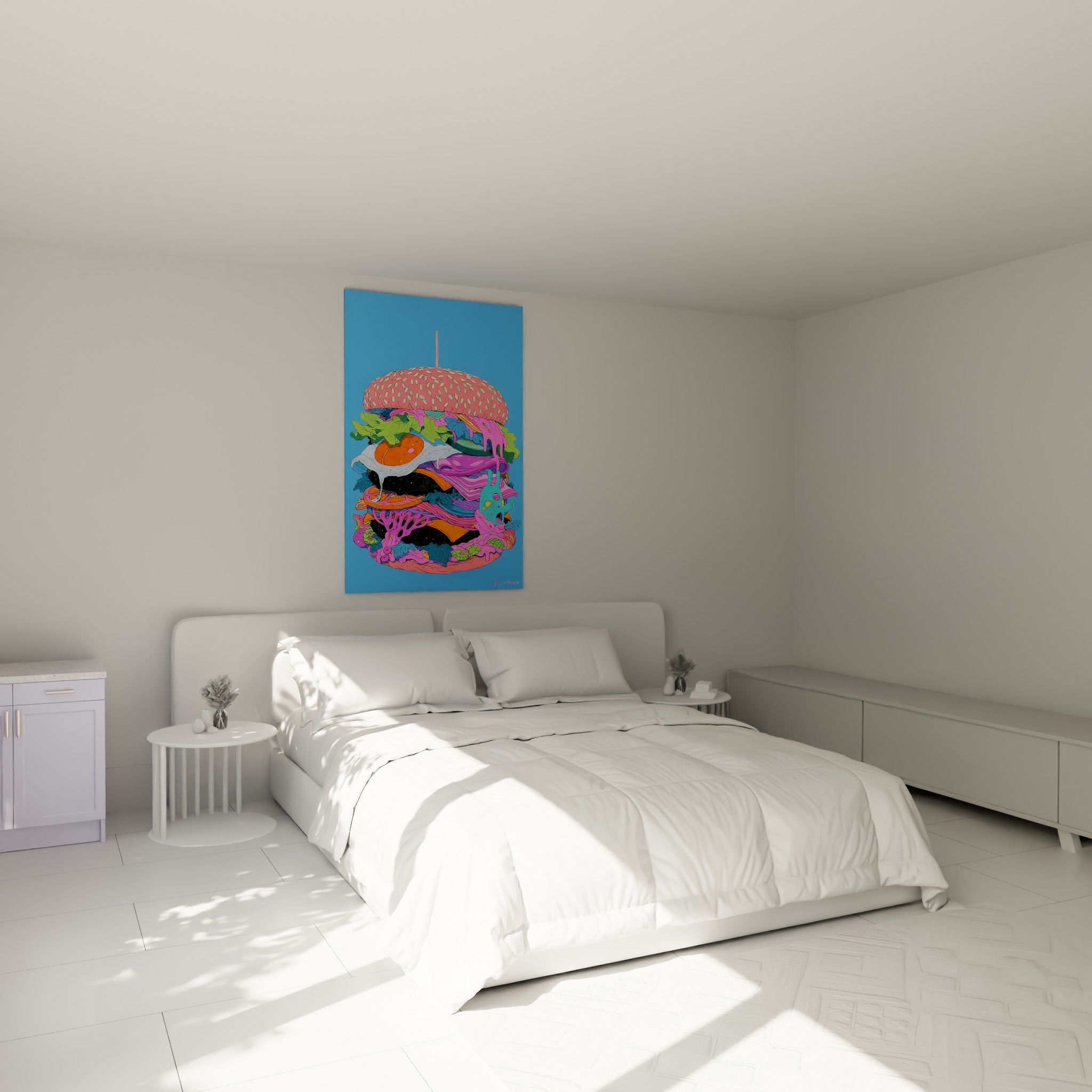 Empilement gourmand aux couches orange et fuchsia accroché au-dessus d'un lit dans une chambre claire