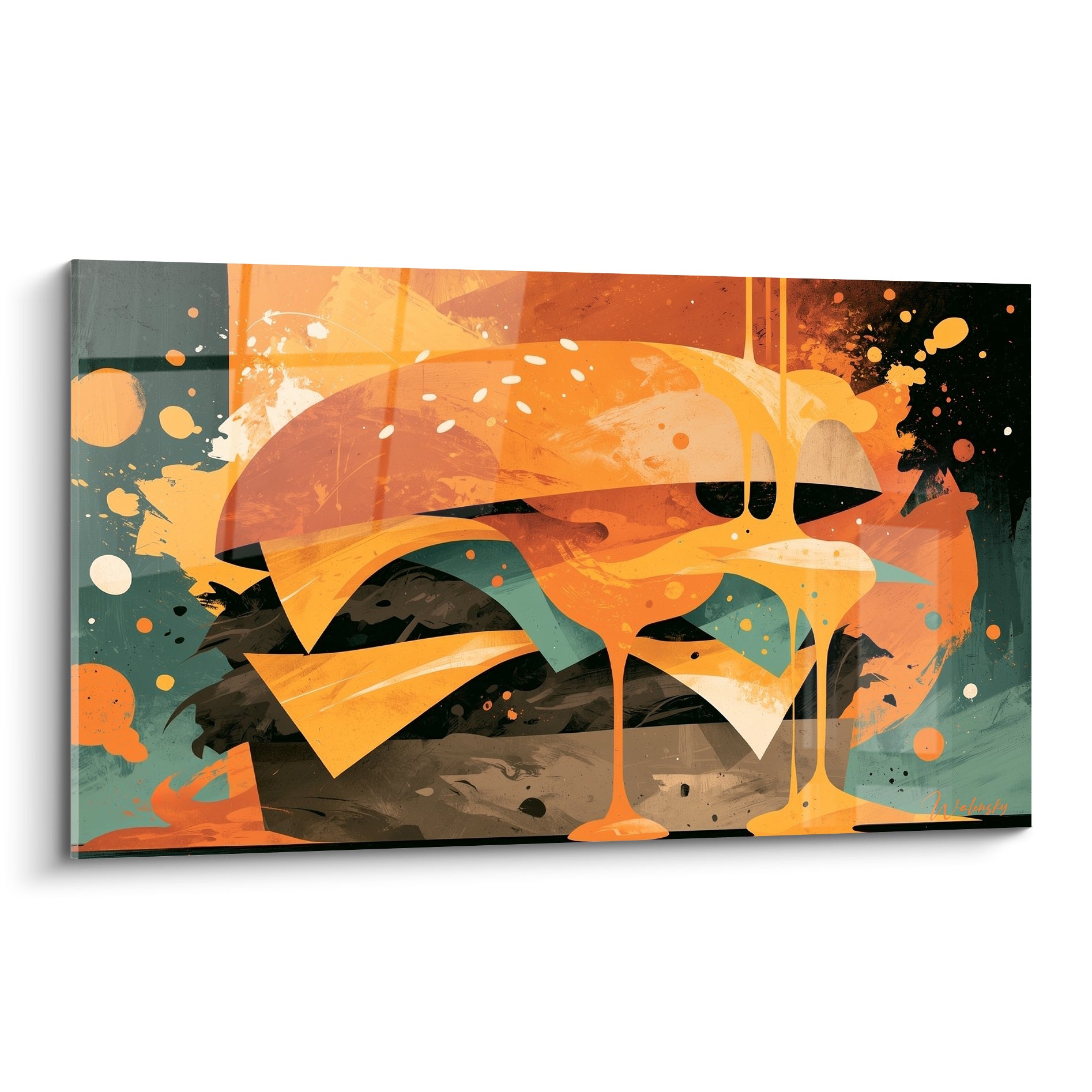 Burger éclaté orange et vert sauge aux coulures dorées, composition graphique intense et vive