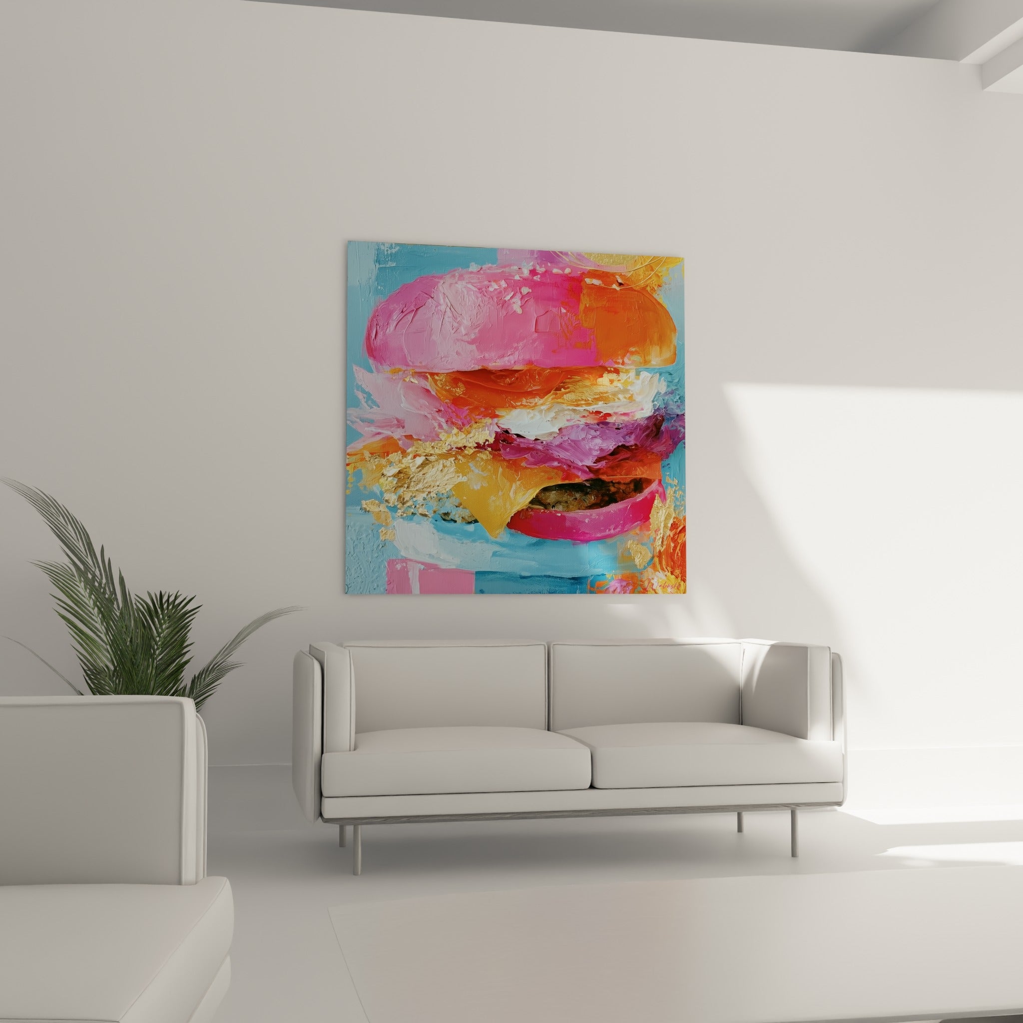Cette œuvre gourmande en rose et bleu domine un canapé dans un salon lumineux et accueillant