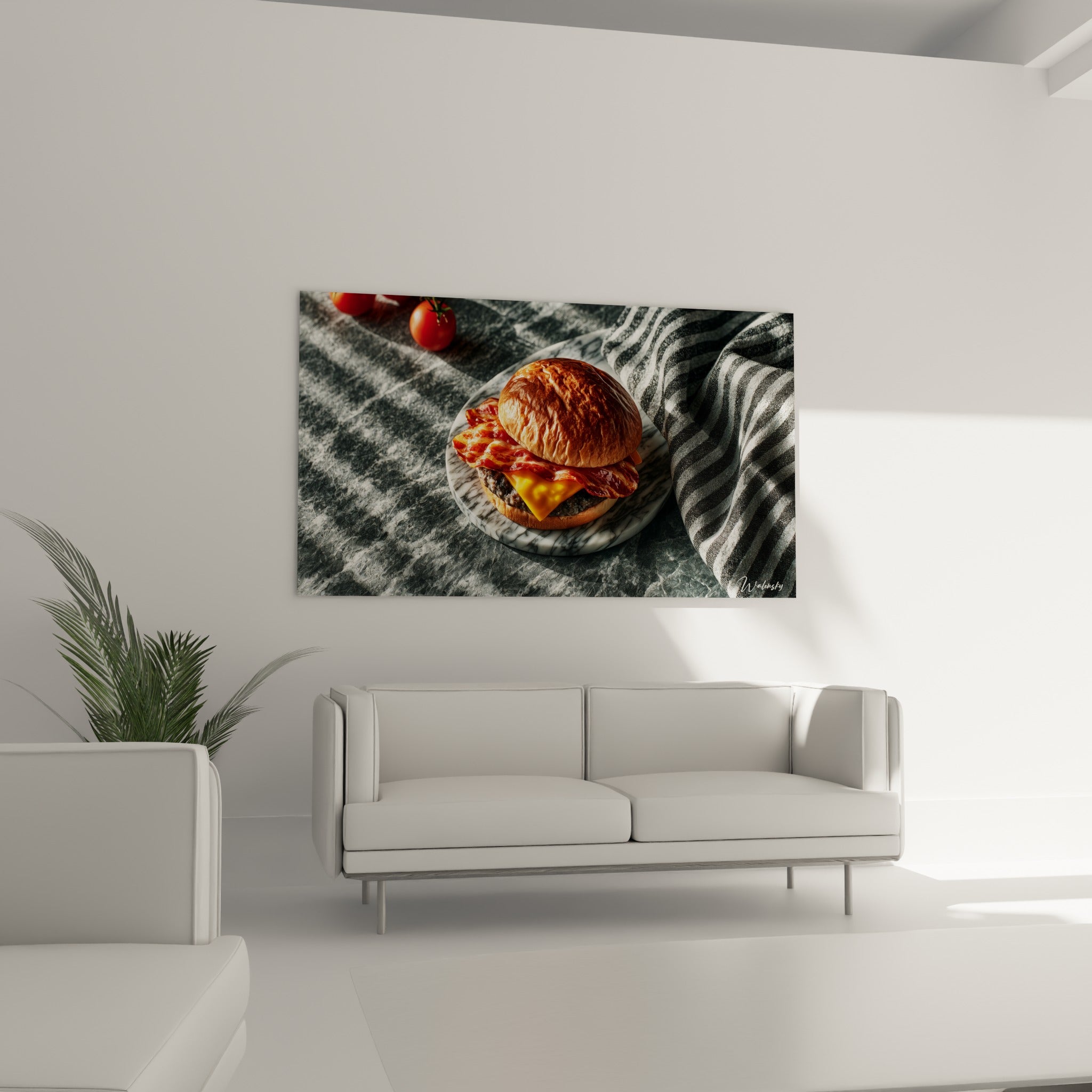 Pain brioché et cheddar fondant accrochés au-dessus d'un canapé dans un salon lumineux