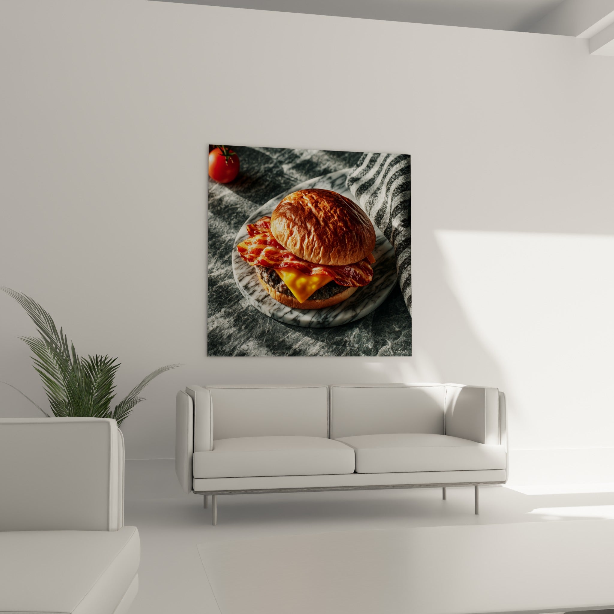 Pain brioché doré et viande grillée nappée de cheddar, au-dessus d'un canapé dans un salon lumineux