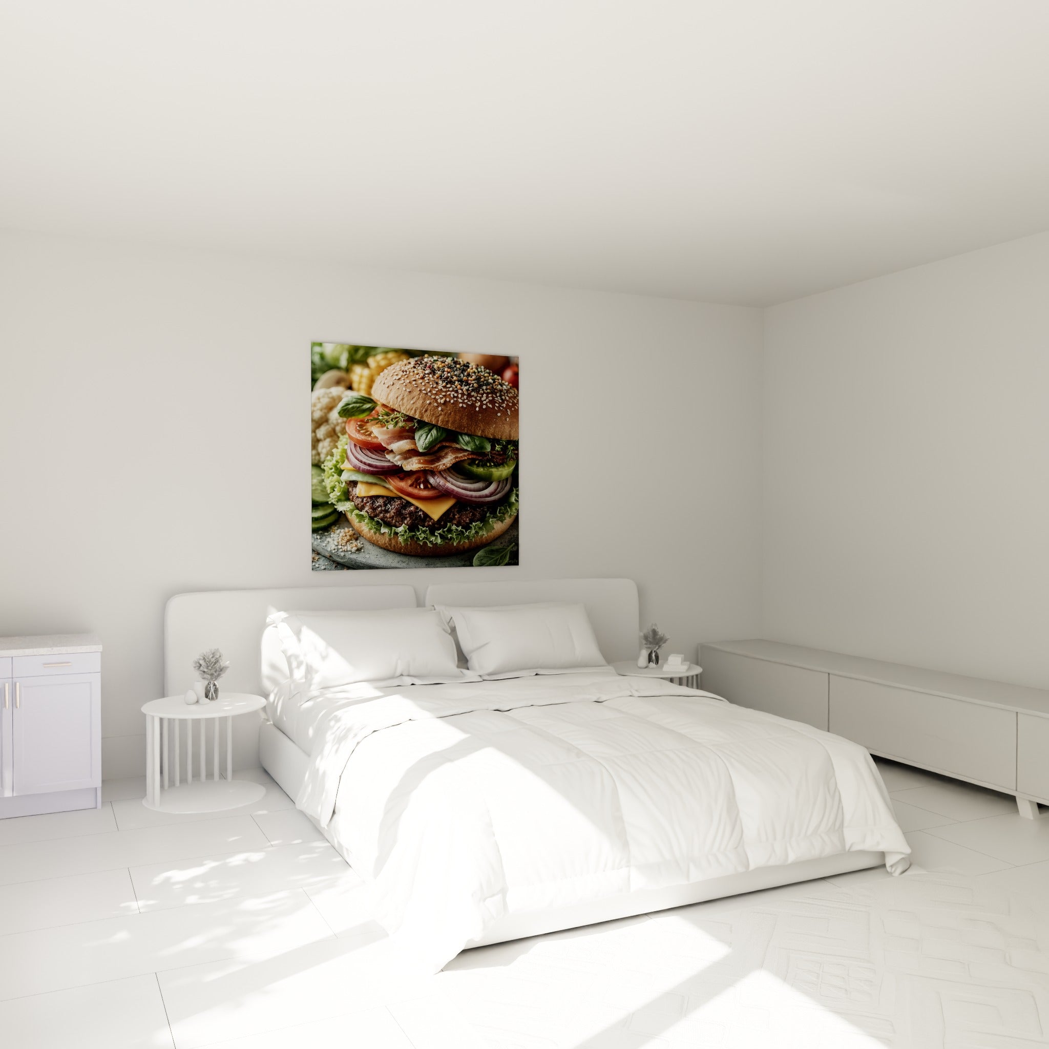 Burger généreux aux couleurs brun et rouge vif, accroché au-dessus d'un lit dans une chambre claire