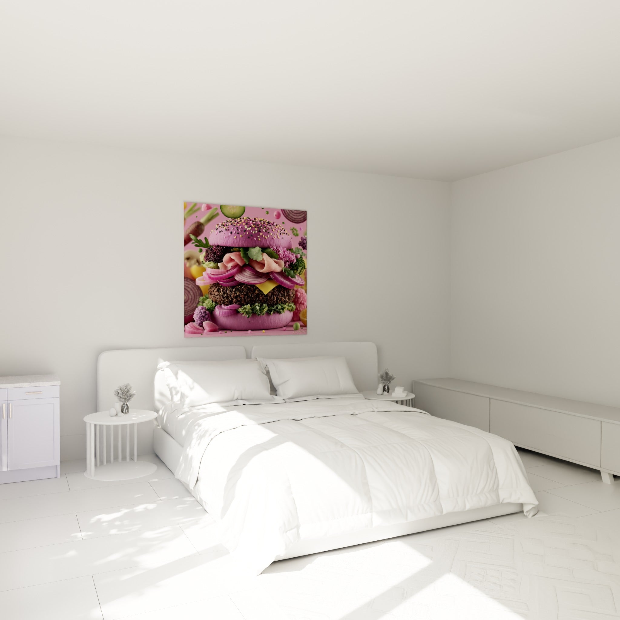 Sandwich géant rose aux oignons violets accroché au-dessus d'un lit dans une chambre claire