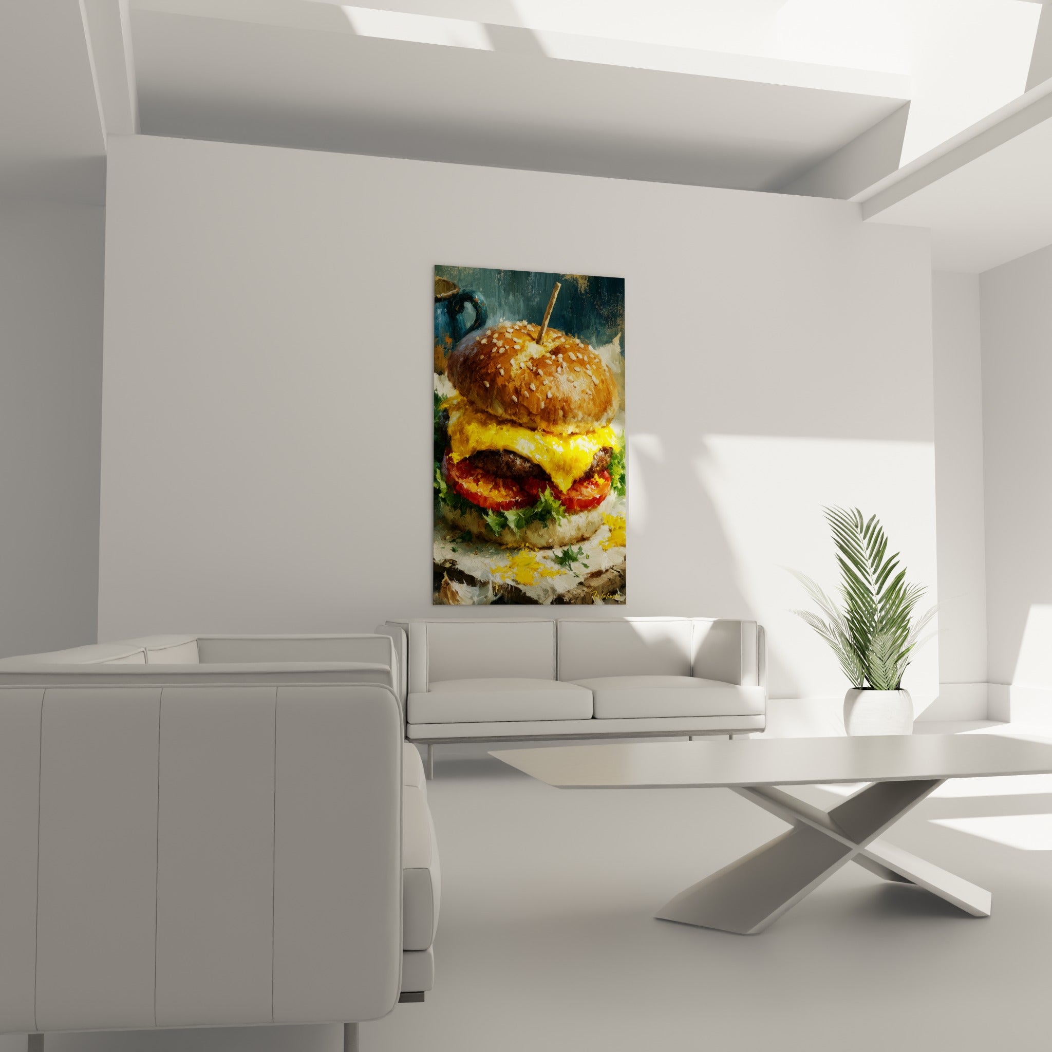 Pain doré et viande grillée peints en empâtements, disposés au-dessus d'un canapé dans un salon lumineux