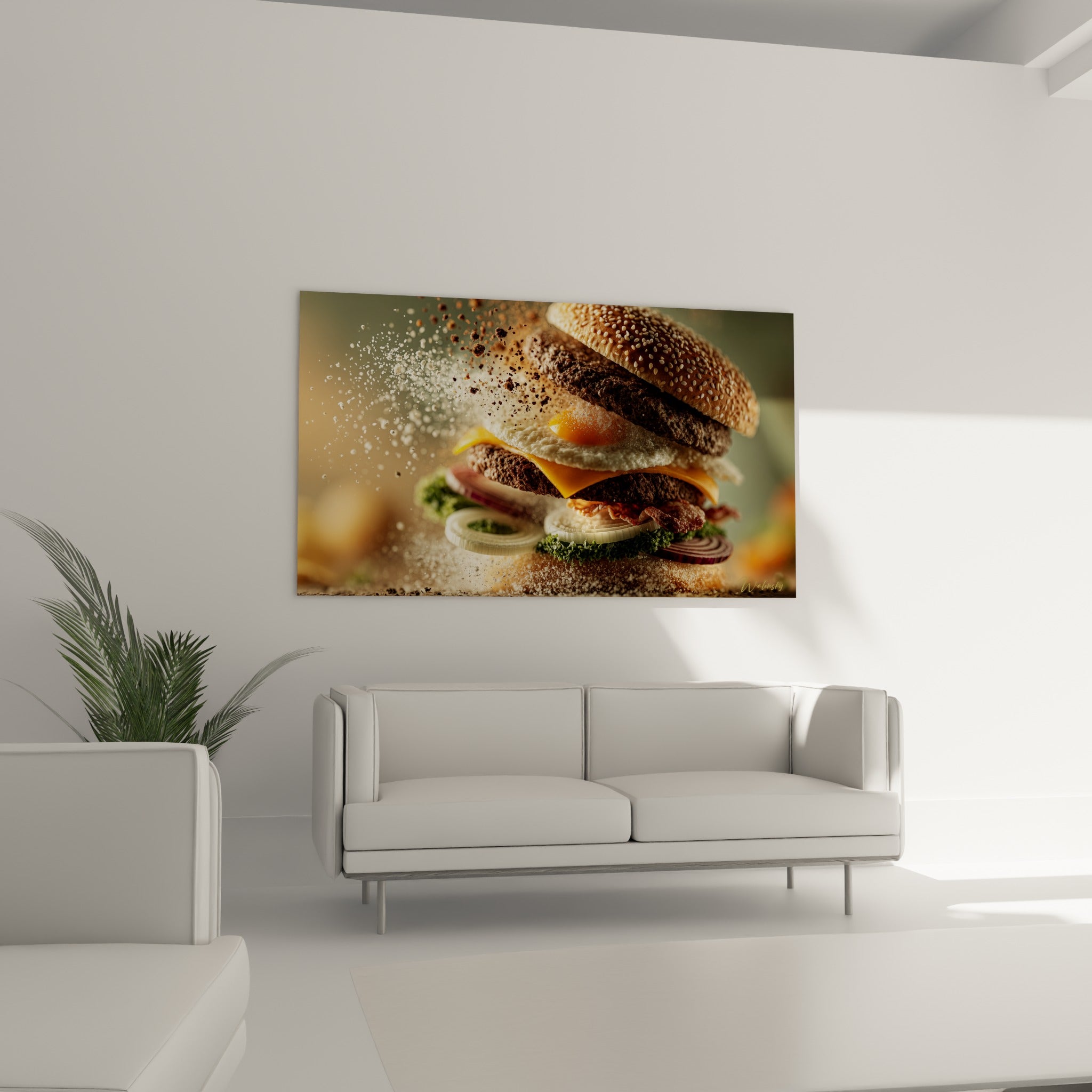 Composition culinaire dorée et anthracite avec particules suspendues au-dessus d'un canapé dans un salon lumineux