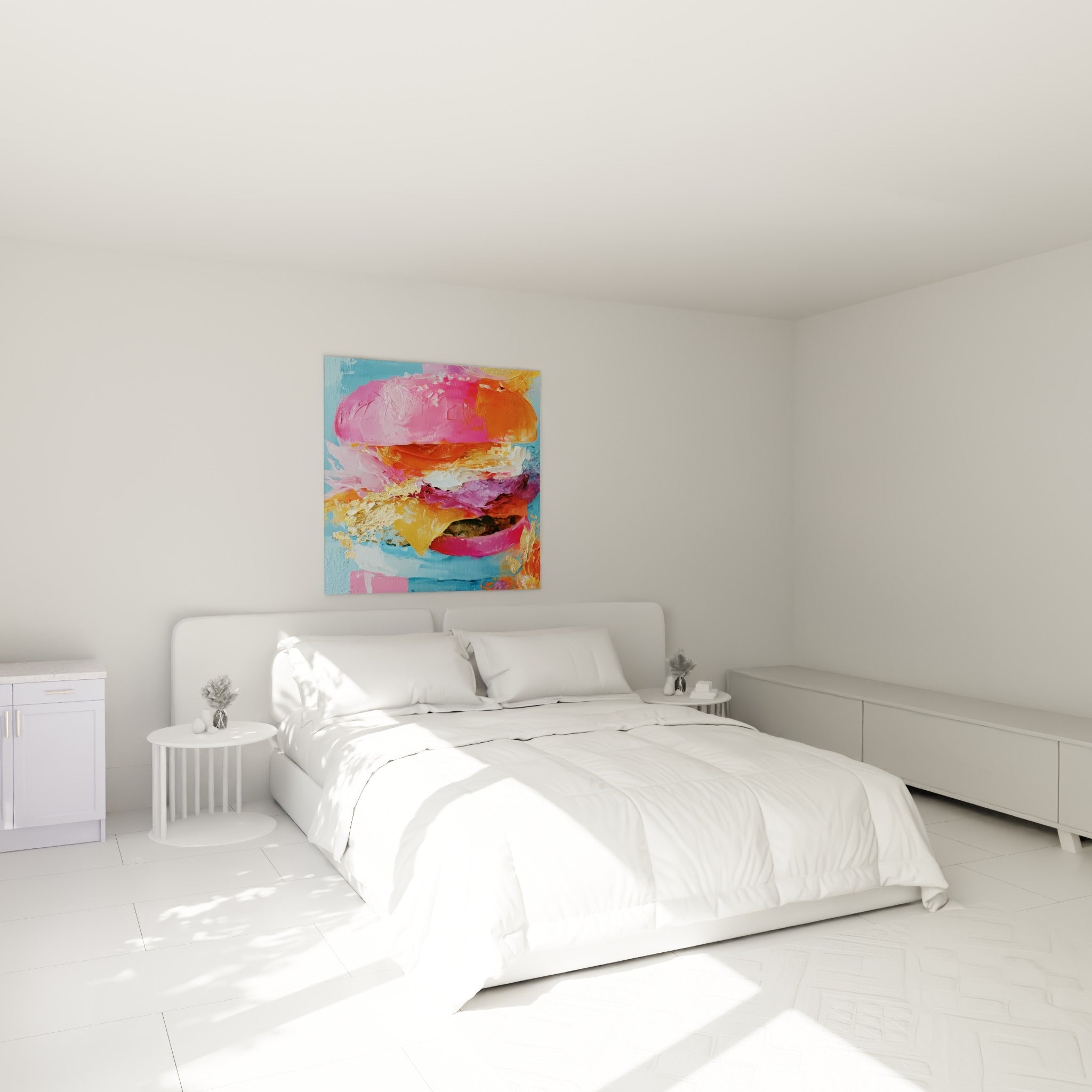 Ce burger coloré aux tons rose et orangé surplombe un lit dans une chambre claire et lumineuse
