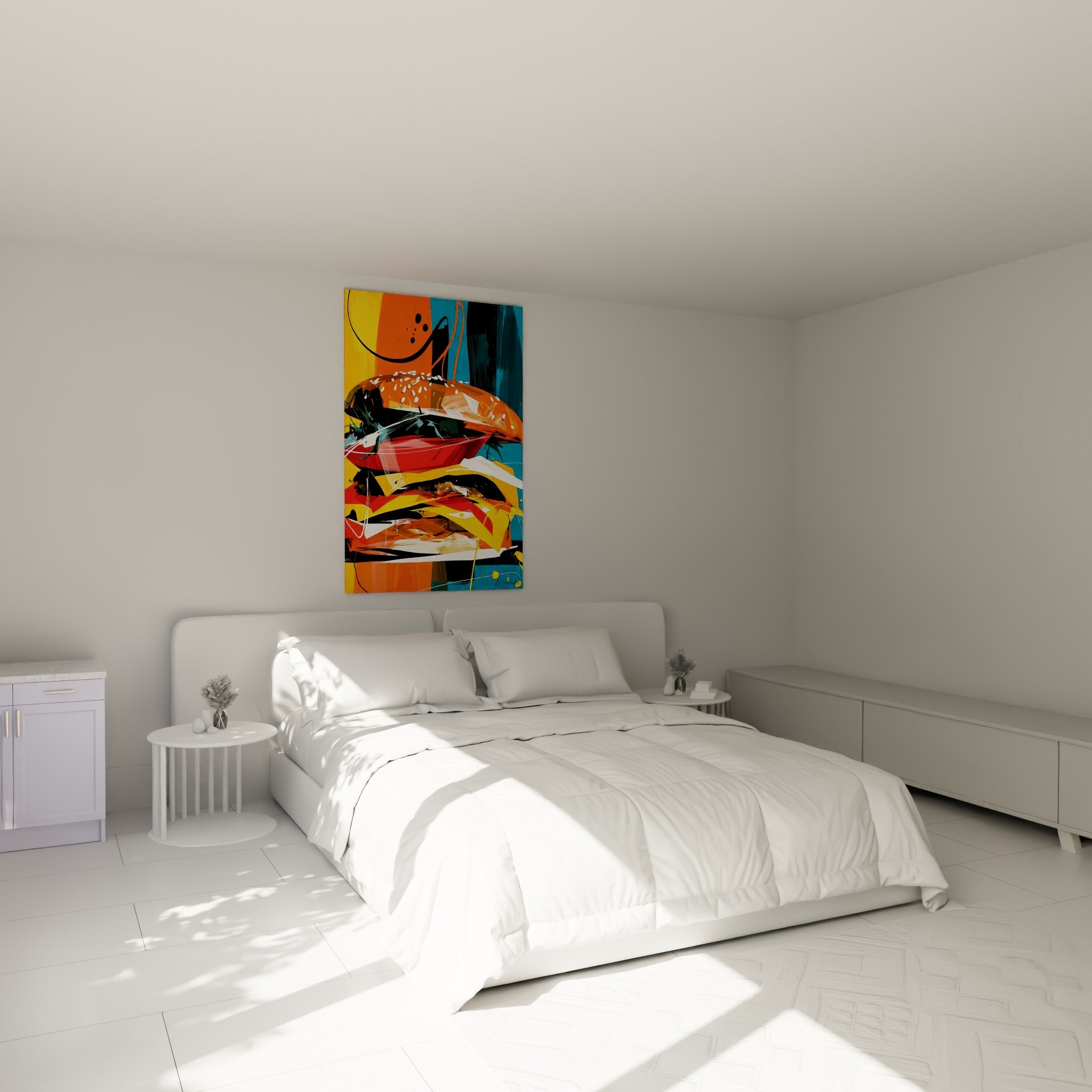 Empilement gourmand orange et bleu sarcelle représentant un burger, au-dessus d'un lit dans une chambre claire