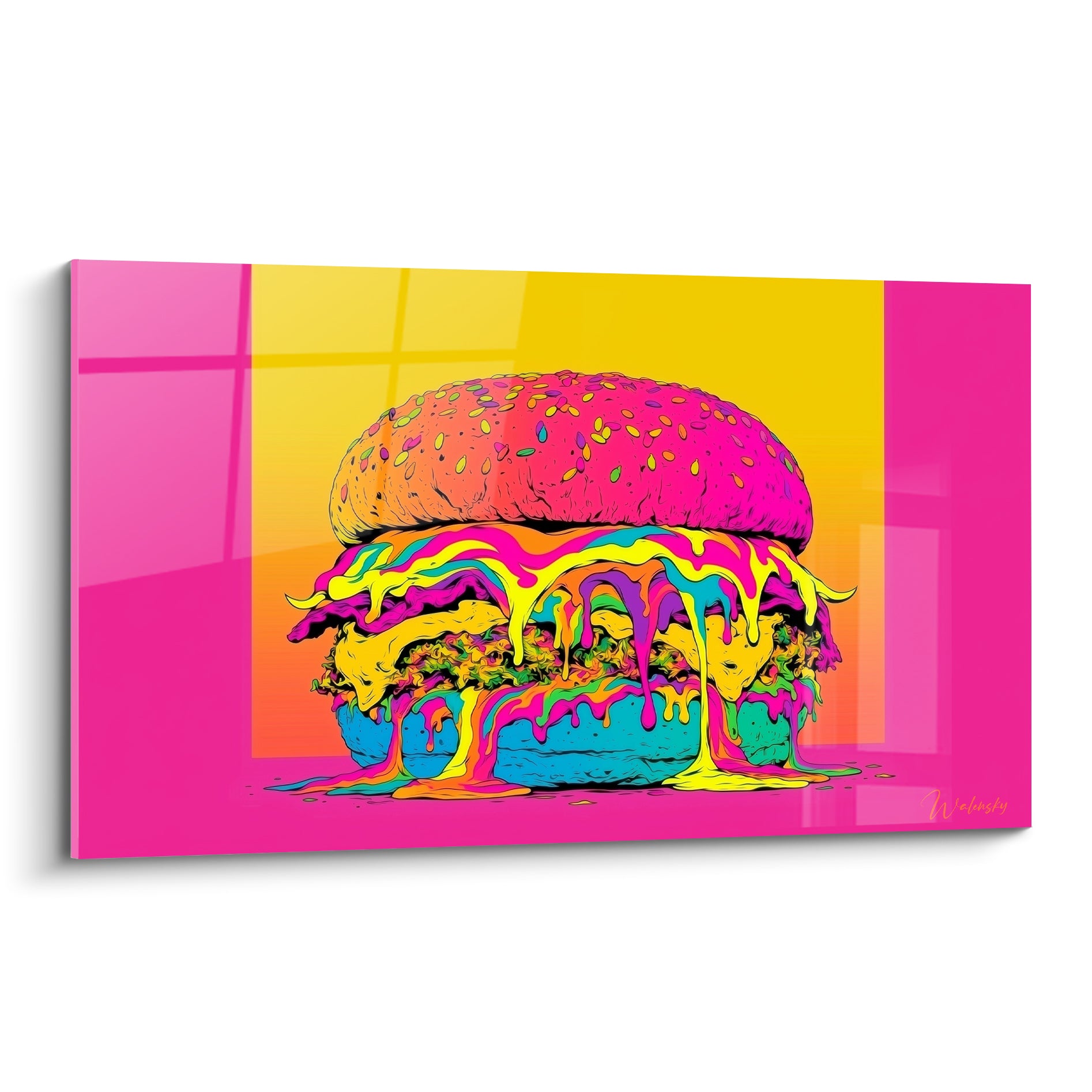Burger fluo rose et jaune dégoulinant de sauce turquoise sur fond orange vif, style pop art graphique
