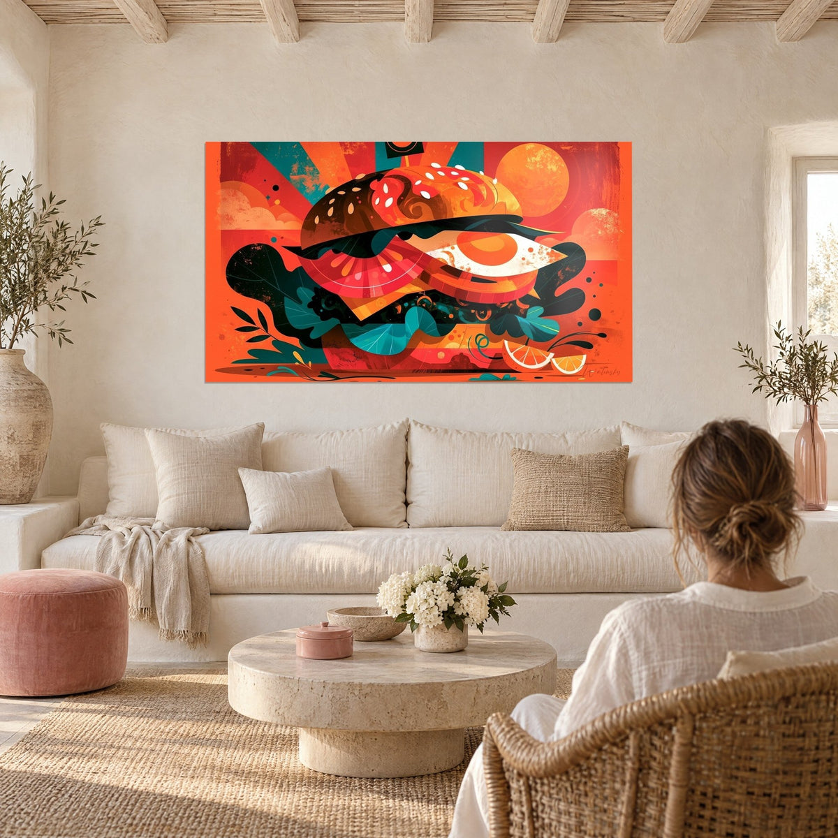 Quadro burger grafico con semi di sesamo bianchi, pane scuro, pomodoro rosa e verde petrolio, sole arancione, sopra un divano in un soggiorno luminoso