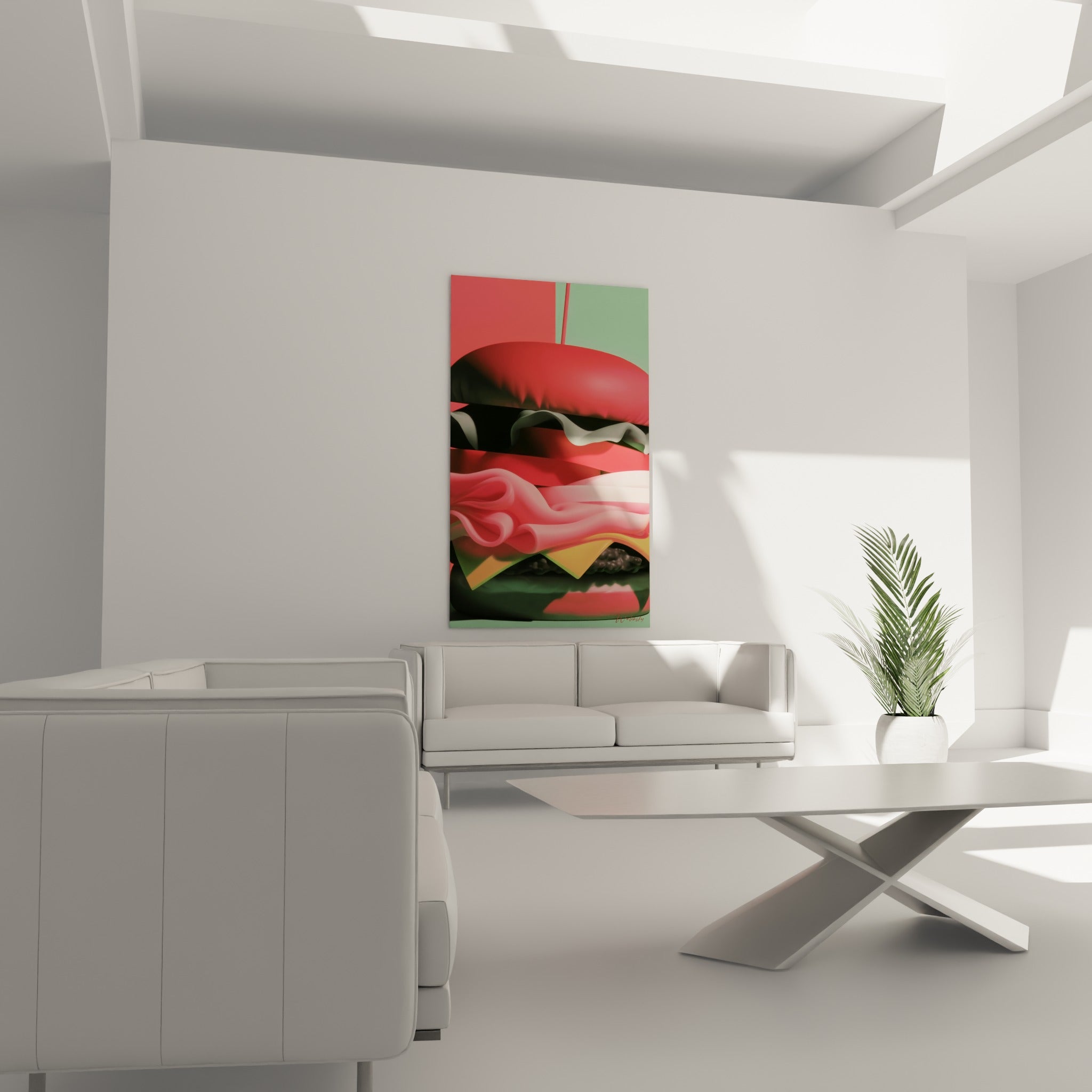 Composition gourmande rose et menthe surplombant un canapé dans un salon lumineux