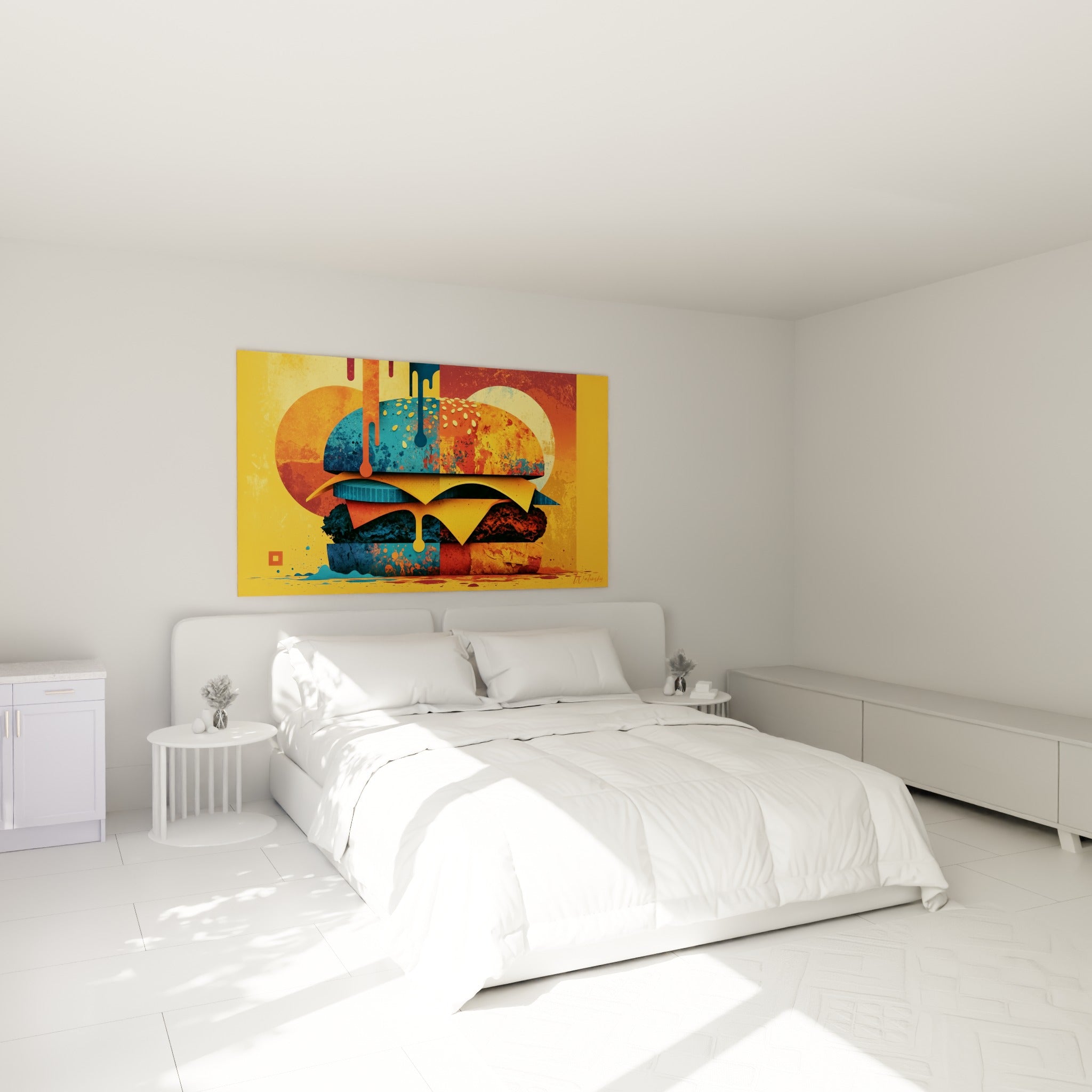 Burger géométrique aux teintes terracotta et bleu pétrole, accroché au-dessus d'un lit dans une chambre claire